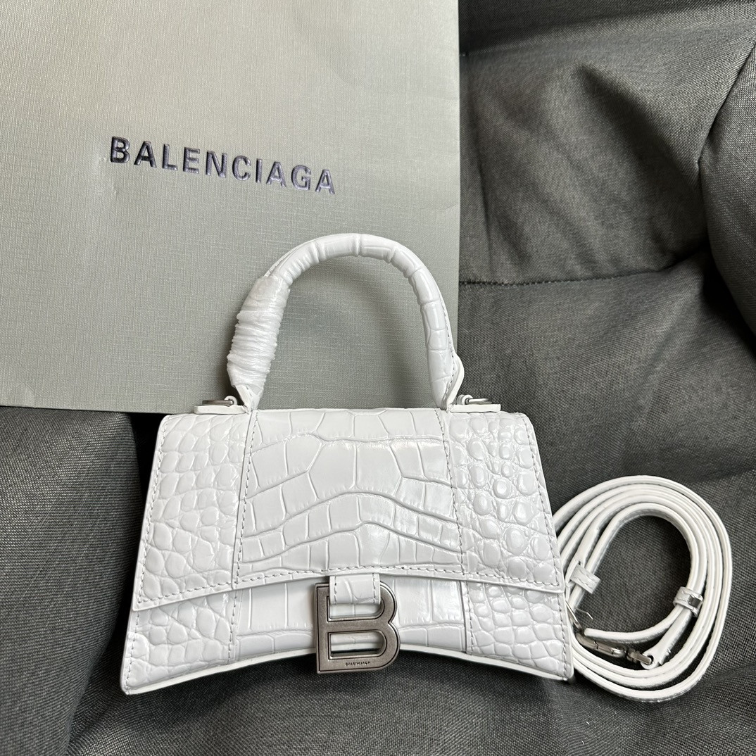 Balenciaga WOMEN'S HOURGLASS MINI HANDBAG CROCODILE EMBOSSED IN WHITE L7.4 x H5.1 x W3.1 inch