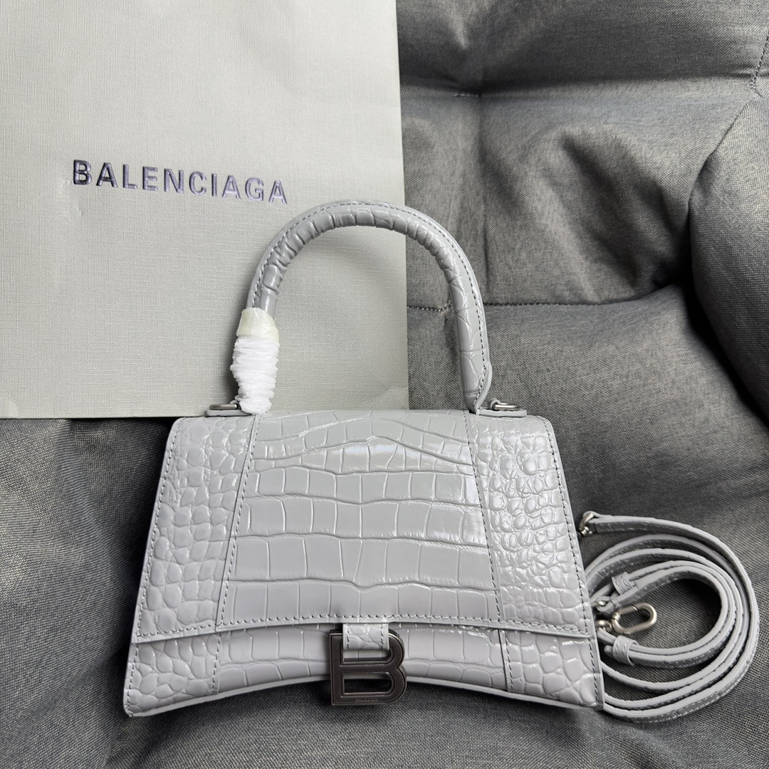 BALENCIAGA WOMEN'S HOURGLASS SMALL HANDBAG CROCODILE EMBOSSED IN LIGHT GREY L9 x H5.5 x W3.9 inch