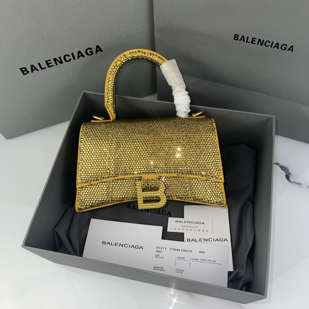 Balenciaga WOMEN'S HOURGLASS MINI HANDBAG With Rhinestones Yellow L7.4 x H5.1 x W3.1 inch