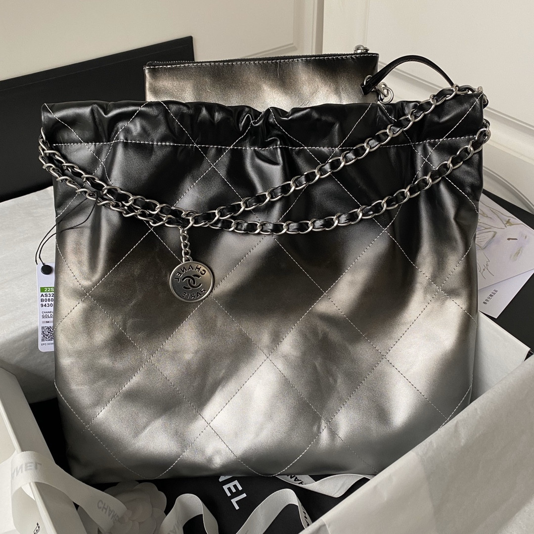 CHANEL 22 HANDBAG Shiny Calfskin SILVER 15.2×16.4×3.1 in