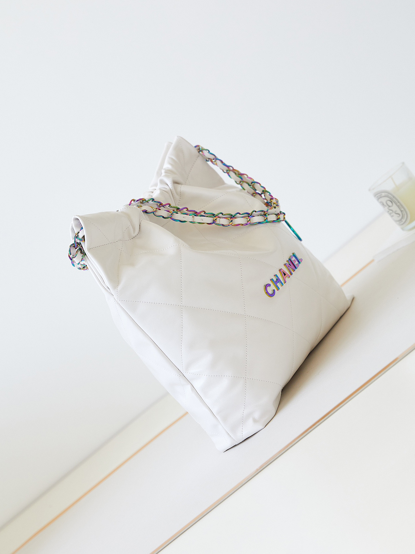 CHANEL 22 SMALL HANDBAG Shiny Calfskin & Rainbow Metal White 15.2×16.4×3.1 in