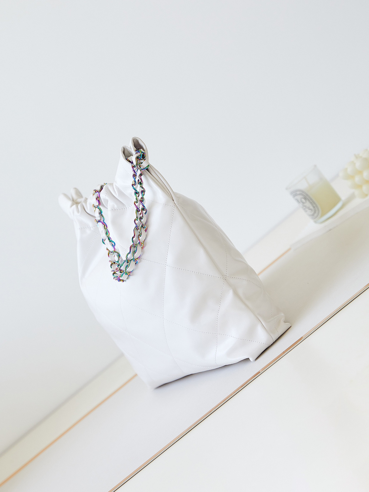 CHANEL 22 SMALL HANDBAG Shiny Calfskin & Rainbow Metal White 15.2×16.4×3.1 in