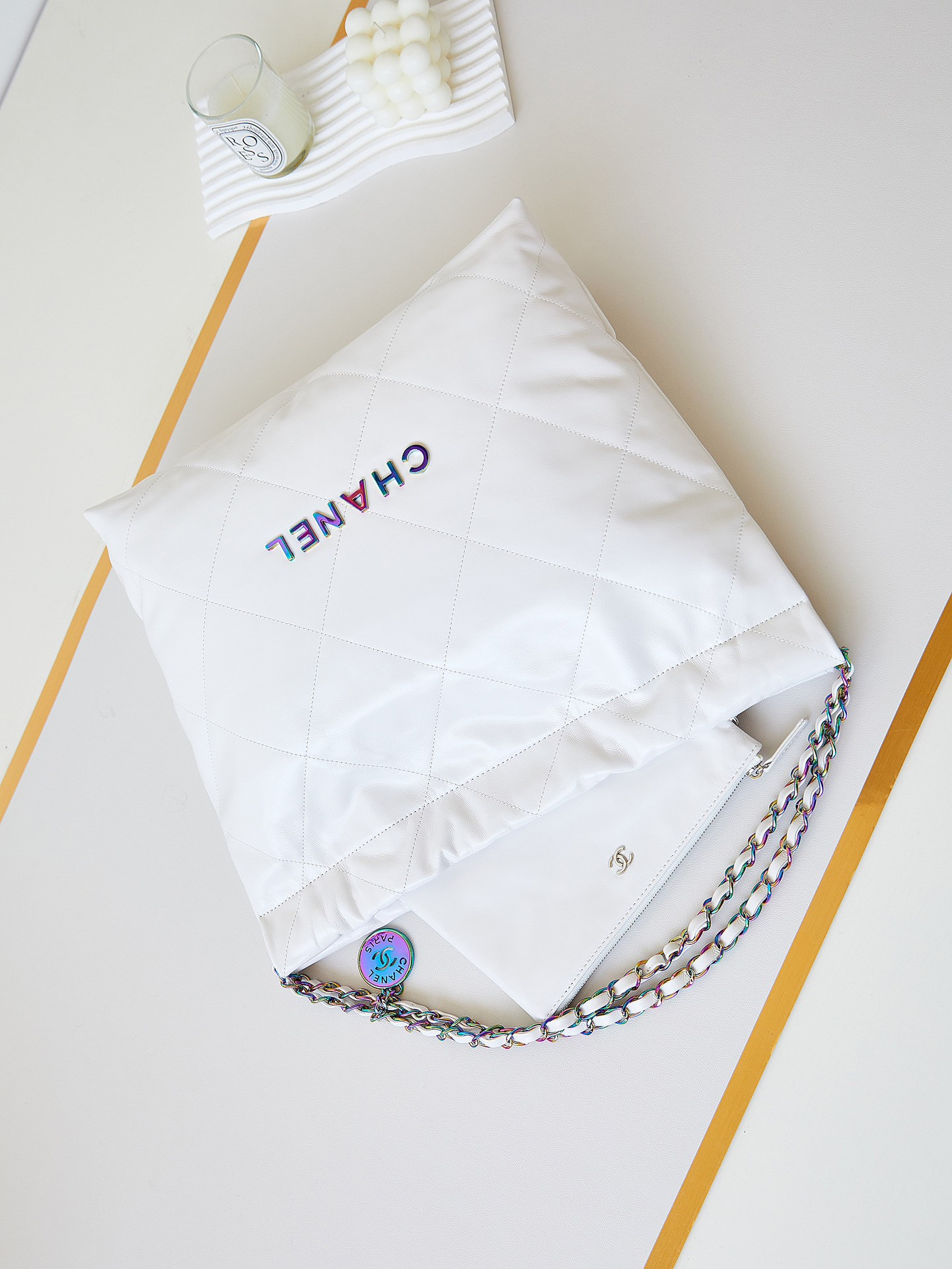 CHANEL 22 SMALL HANDBAG Shiny Calfskin & Rainbow Metal White 15.2×16.4×3.1 in