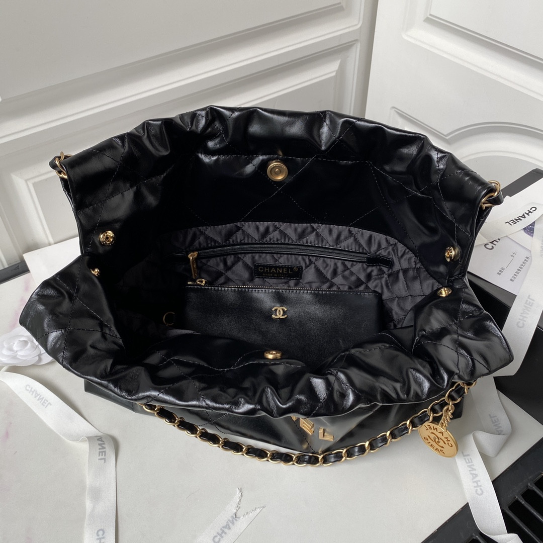 Ch*el 22 handbag shiny calfskin black 30×45×8cm