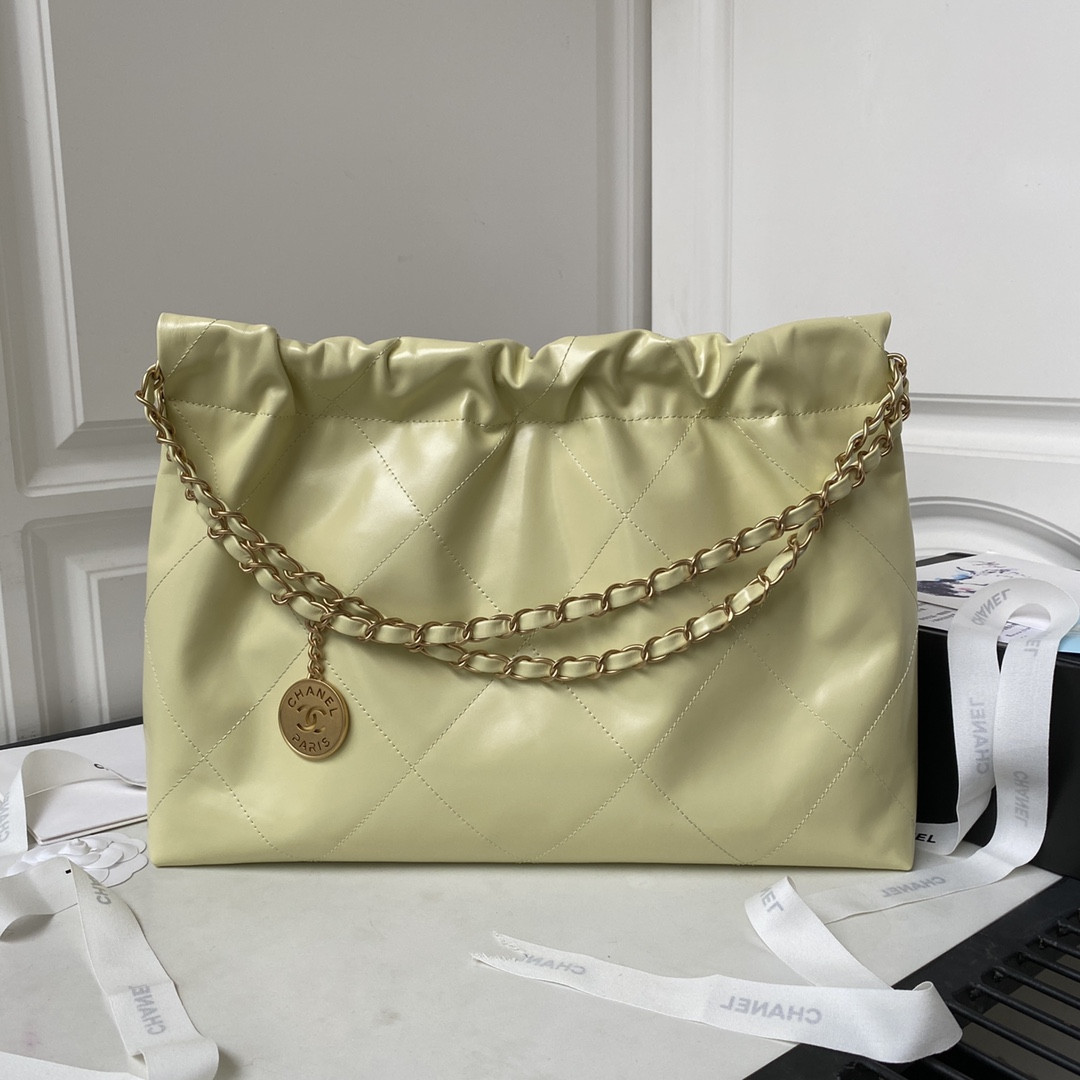 CHANEL 22 HANDBAG Shiny Calfskin YELLOW 30×45×8cm