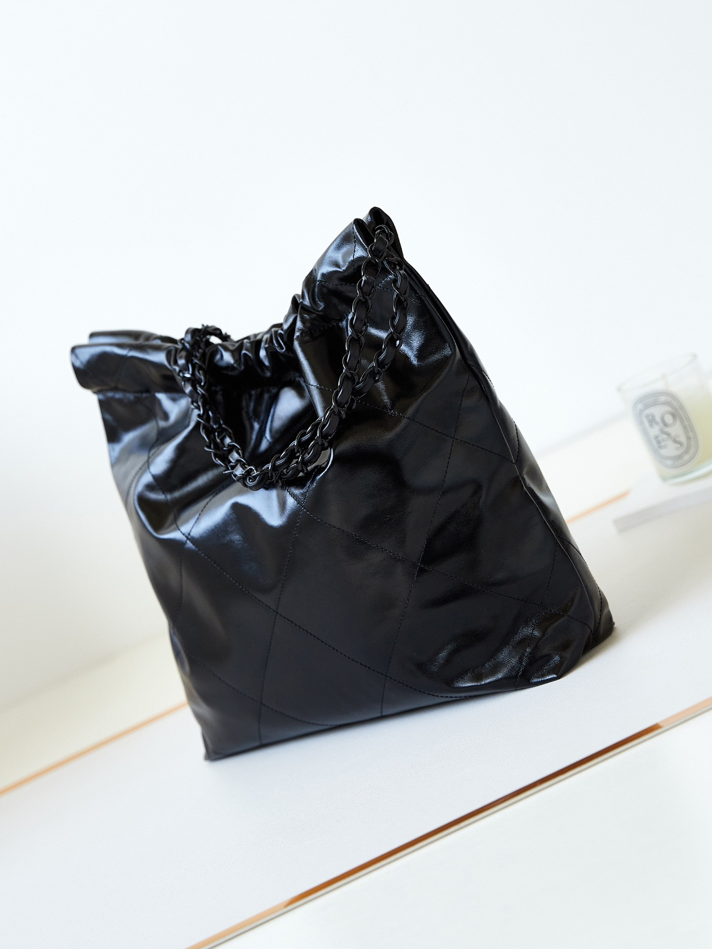 CHANEL 22 SMALL HANDBAG Shiny Calfskin ALL BLACK 13.7×14.4×2.7 in