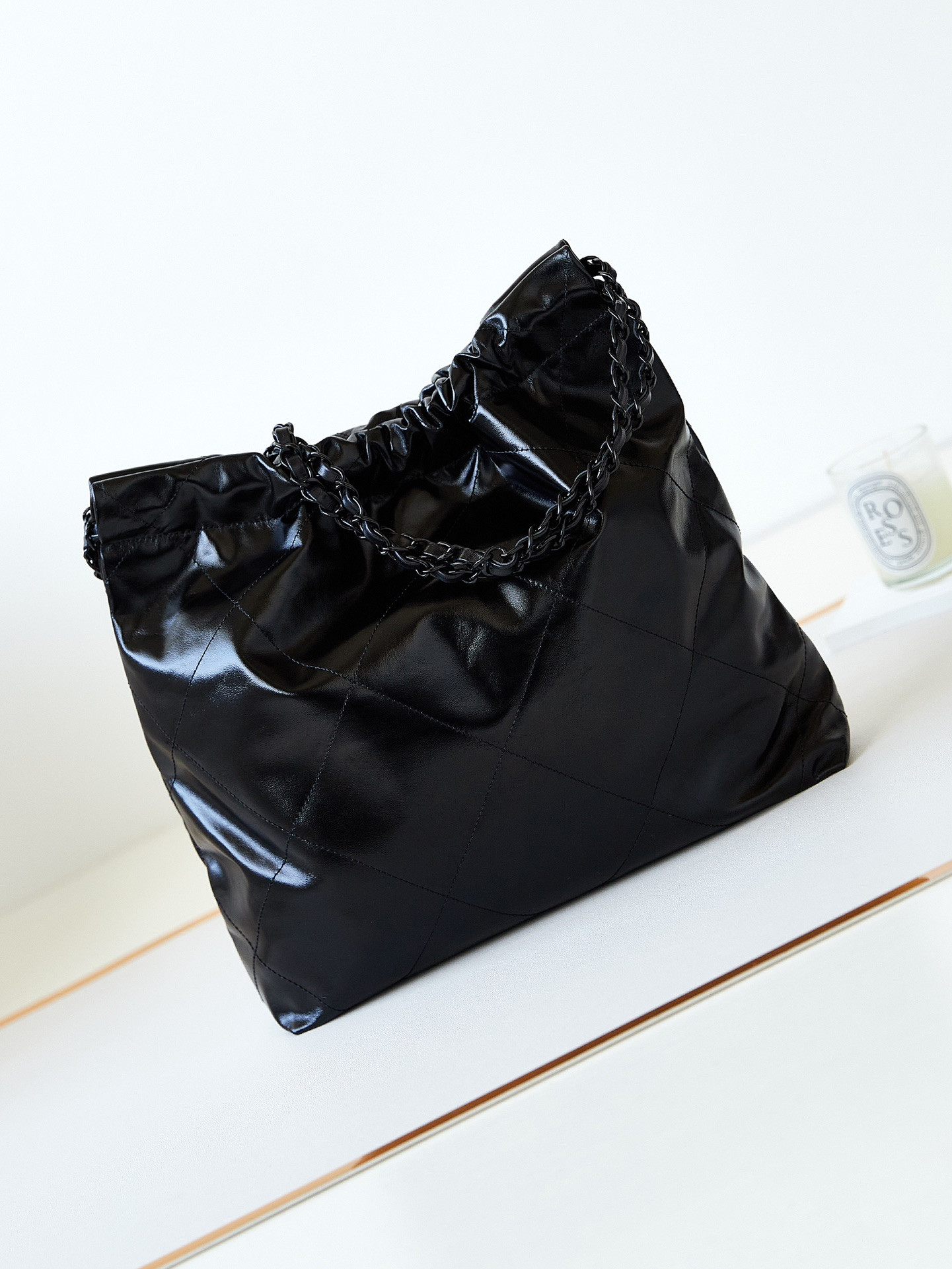 CHANEL 22 SMALL HANDBAG Shiny Calfskin ALL BLACK 13.7×14.4×2.7 in