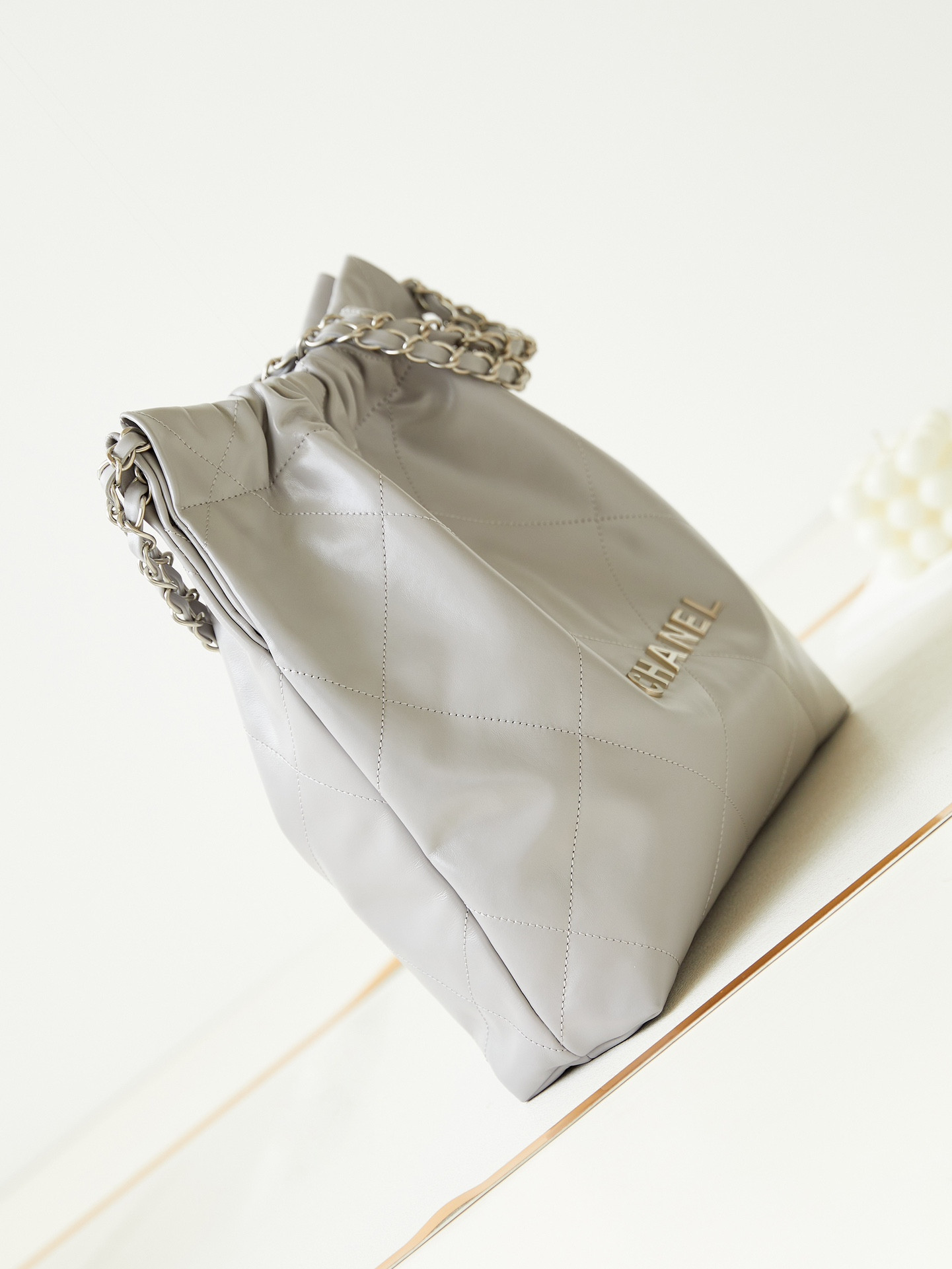 CHANEL 22 SMALL HANDBAG Shiny Calfskin GREY 13.7×14.4×2.7 in