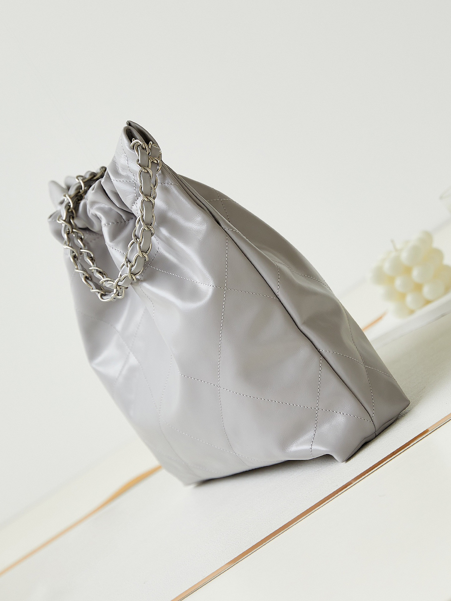 CHANEL 22 SMALL HANDBAG Shiny Calfskin GREY 13.7×14.4×2.7 in