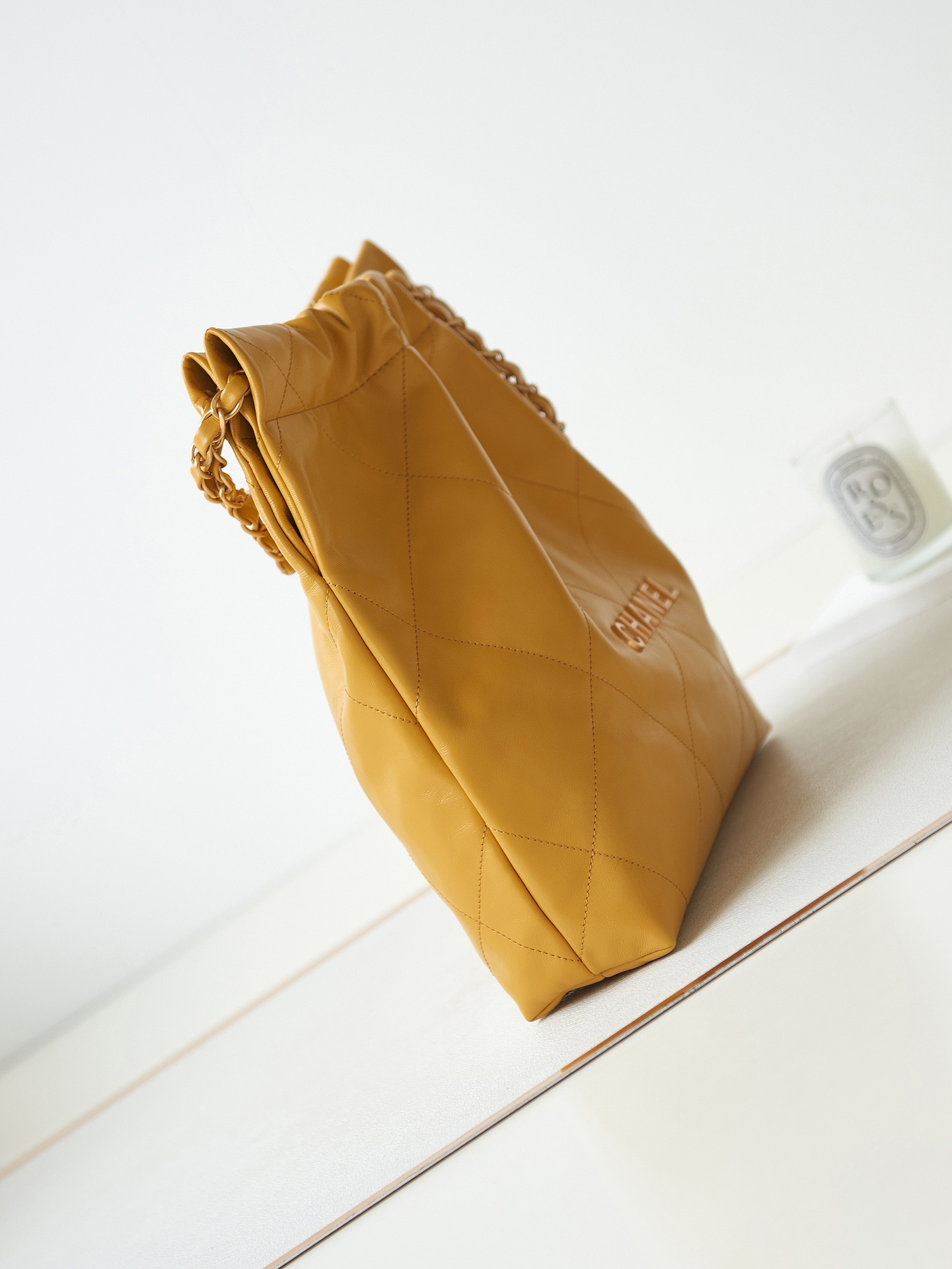 CHANEL 22 SMALL HANDBAG Shiny Calfskin YELLOW 13.7×14.4×2.7 in