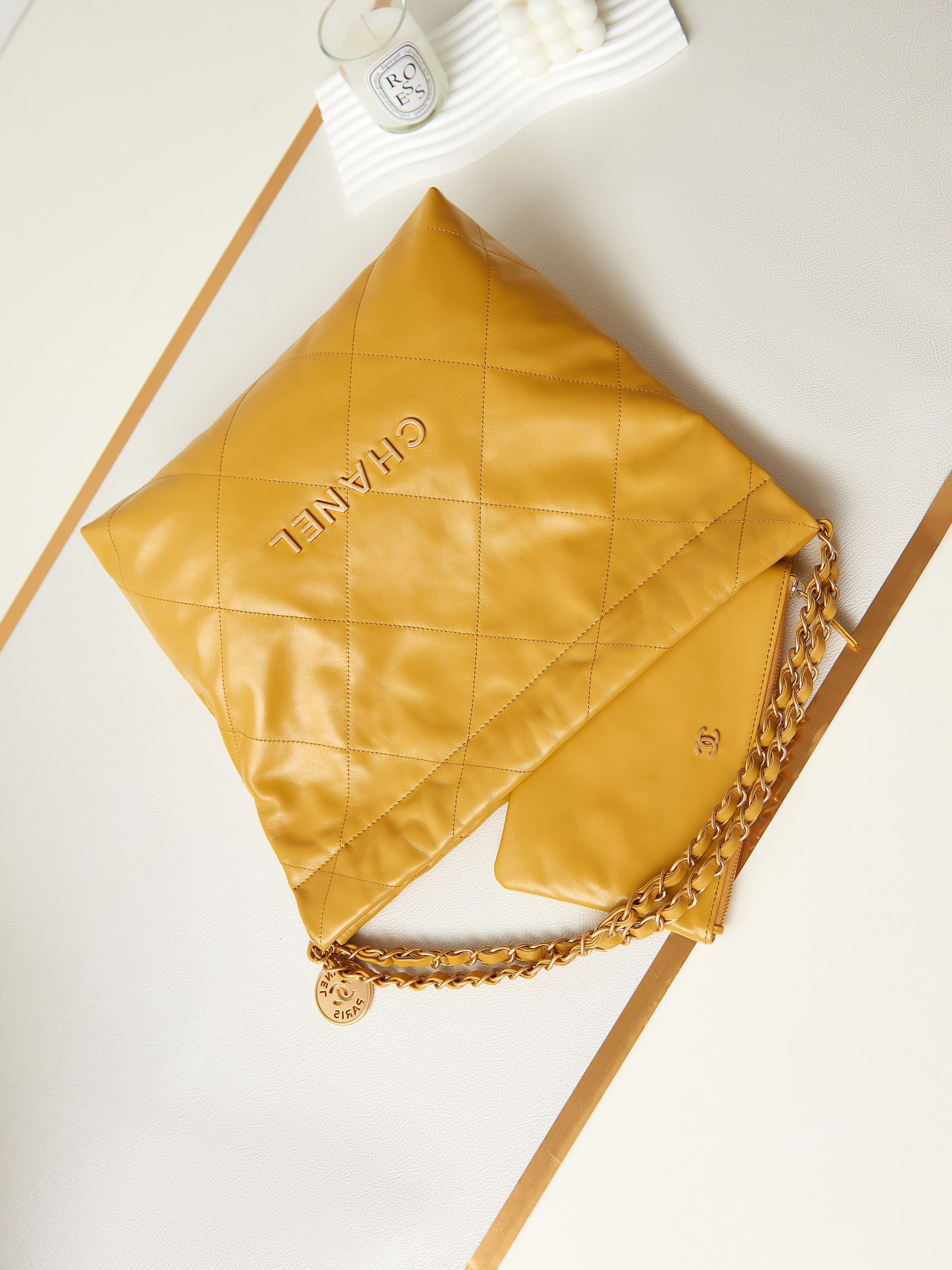 CHANEL 22 SMALL HANDBAG Shiny Calfskin YELLOW 13.7×14.4×2.7 in
