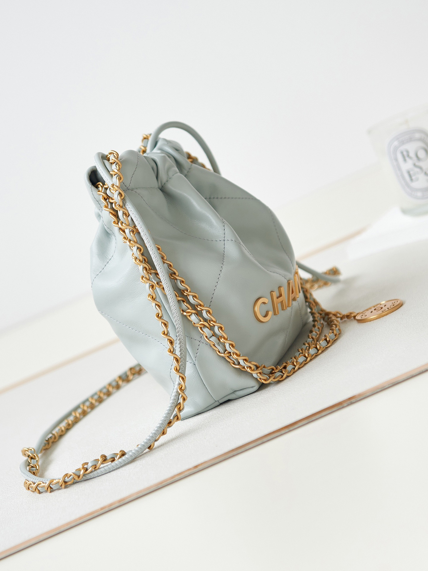 CHANEL 22 MINI HANDBAG Shiny Calfskin Light Blue 7.8 × 7.4 × 2.3 in