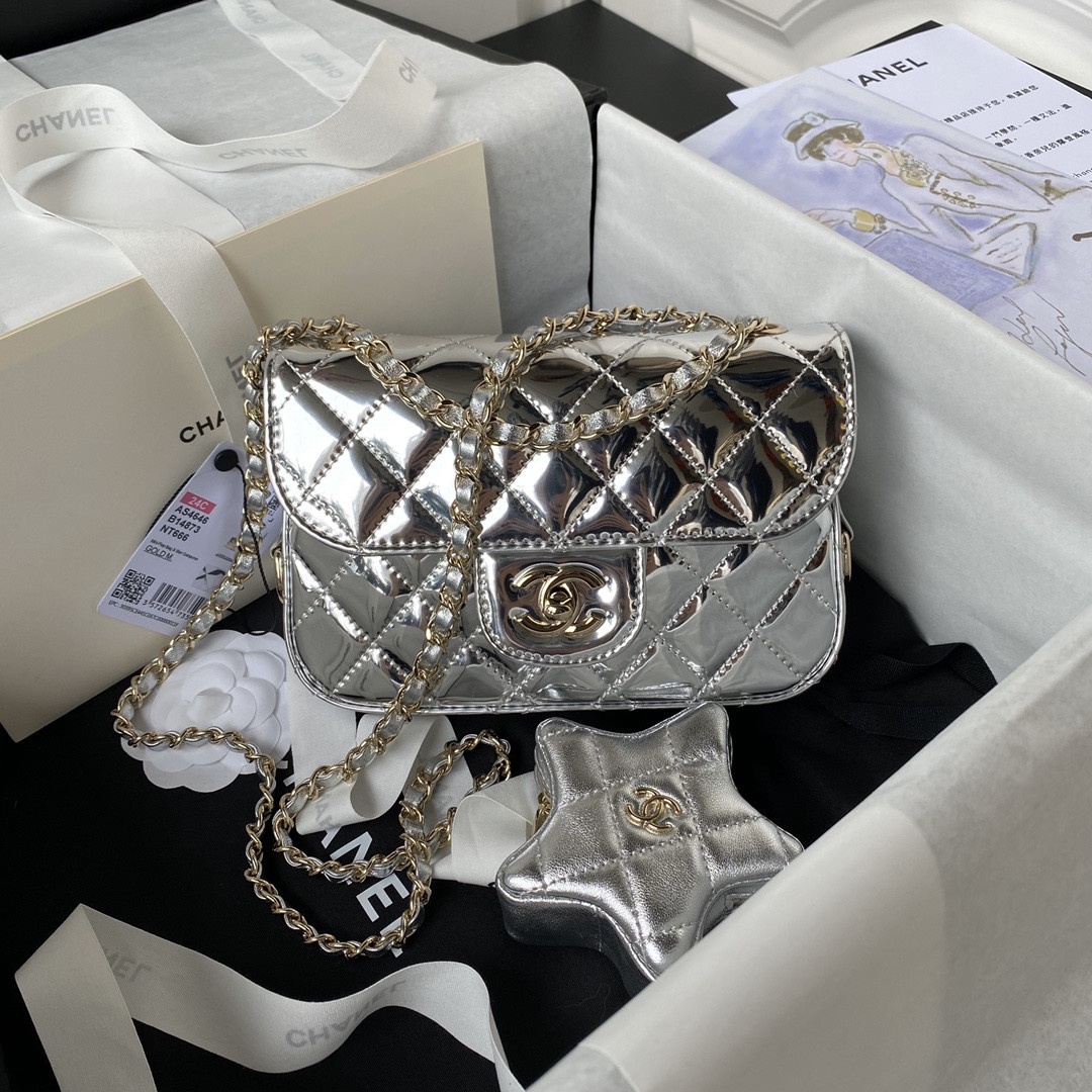 CHANEL FLAP BAG & STAR COIN PURSE SILVER 12.5×19×5cm