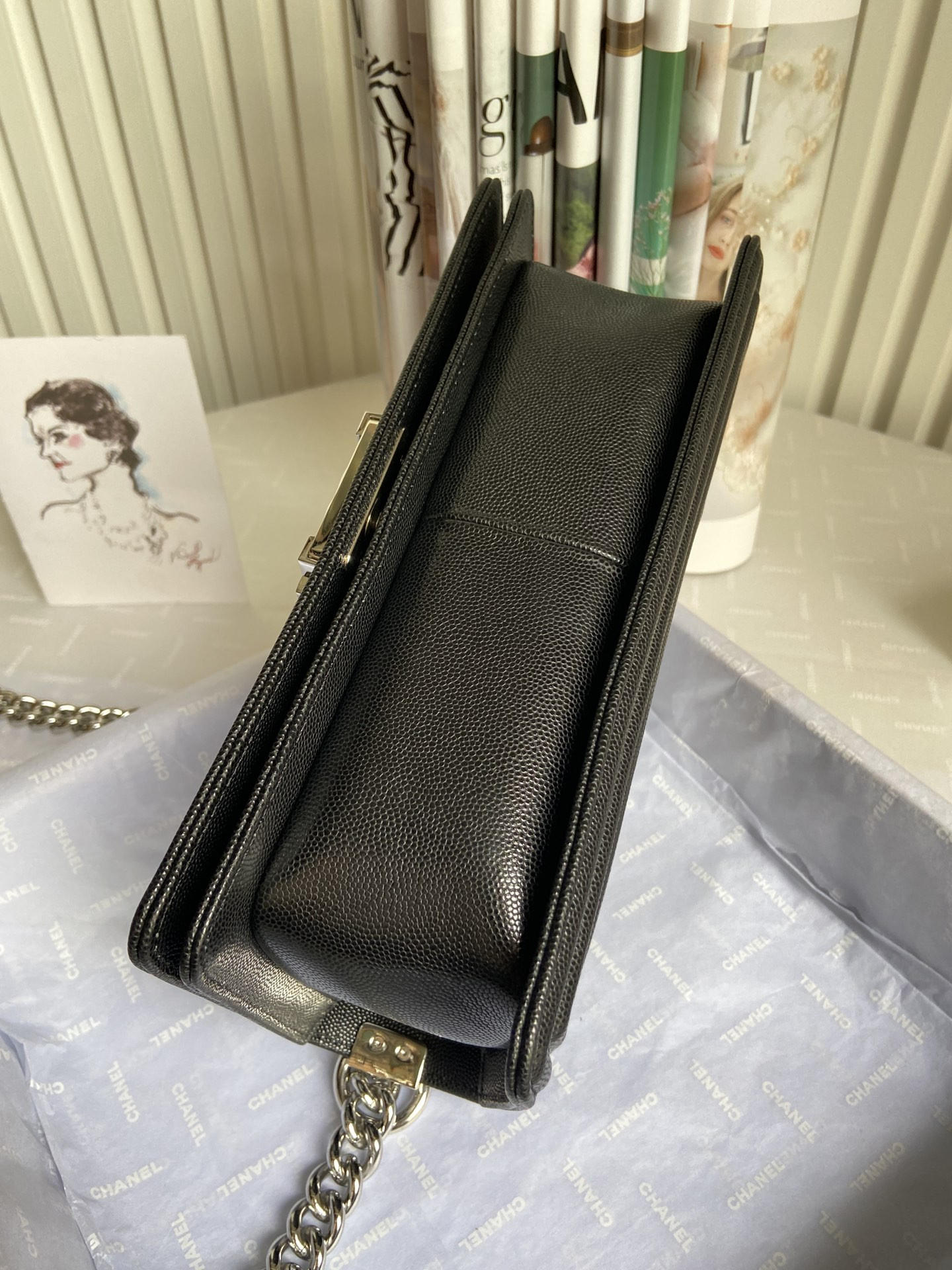 BOY CHANEL HANDBAG Shiny Grained Calfskin & Silver-Tone Metal Black 5.9 × 9.8 × 3.5 in