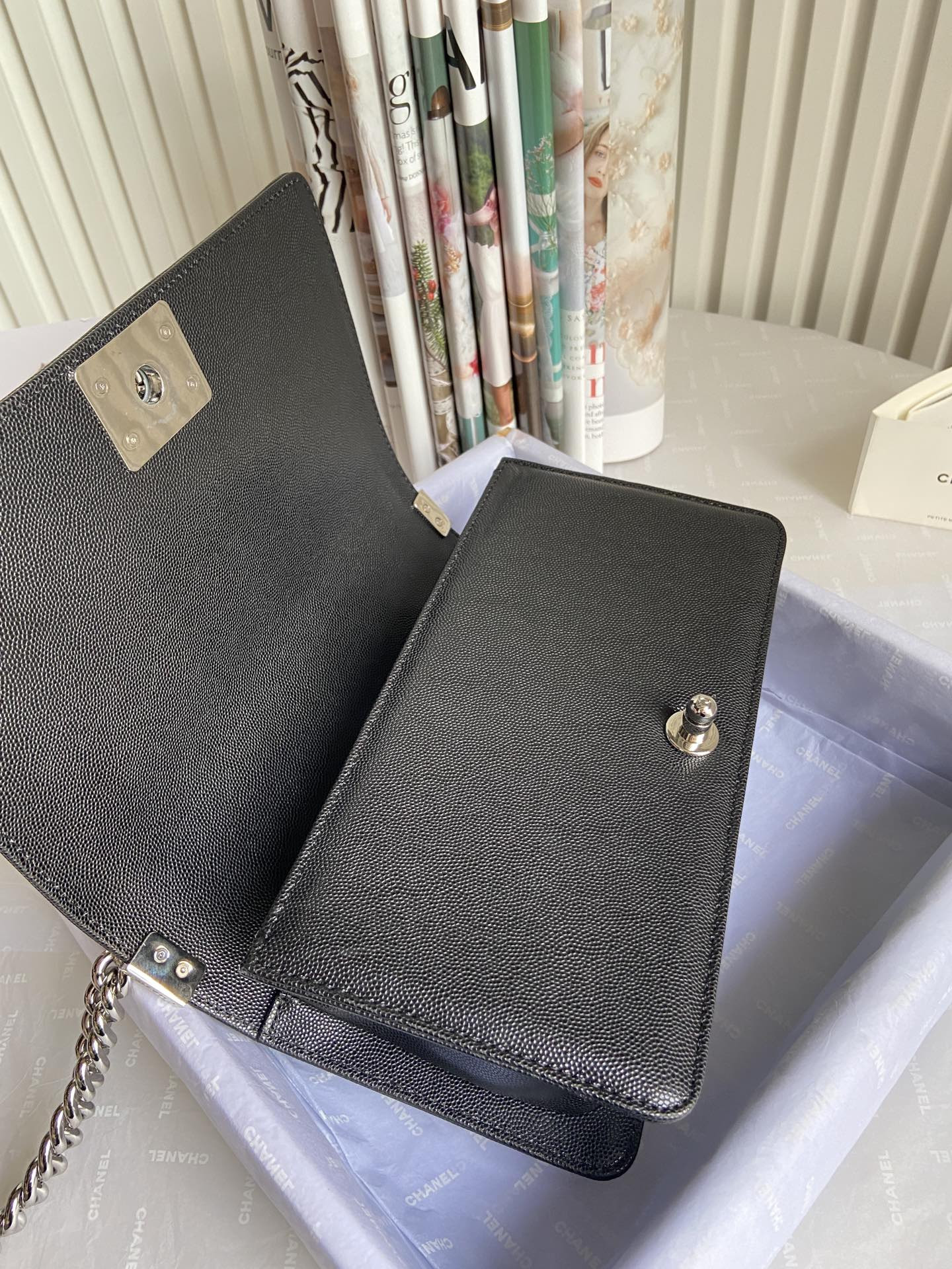 BOY CHANEL HANDBAG Shiny Grained Calfskin & Silver-Tone Metal Black 5.9 × 9.8 × 3.5 in