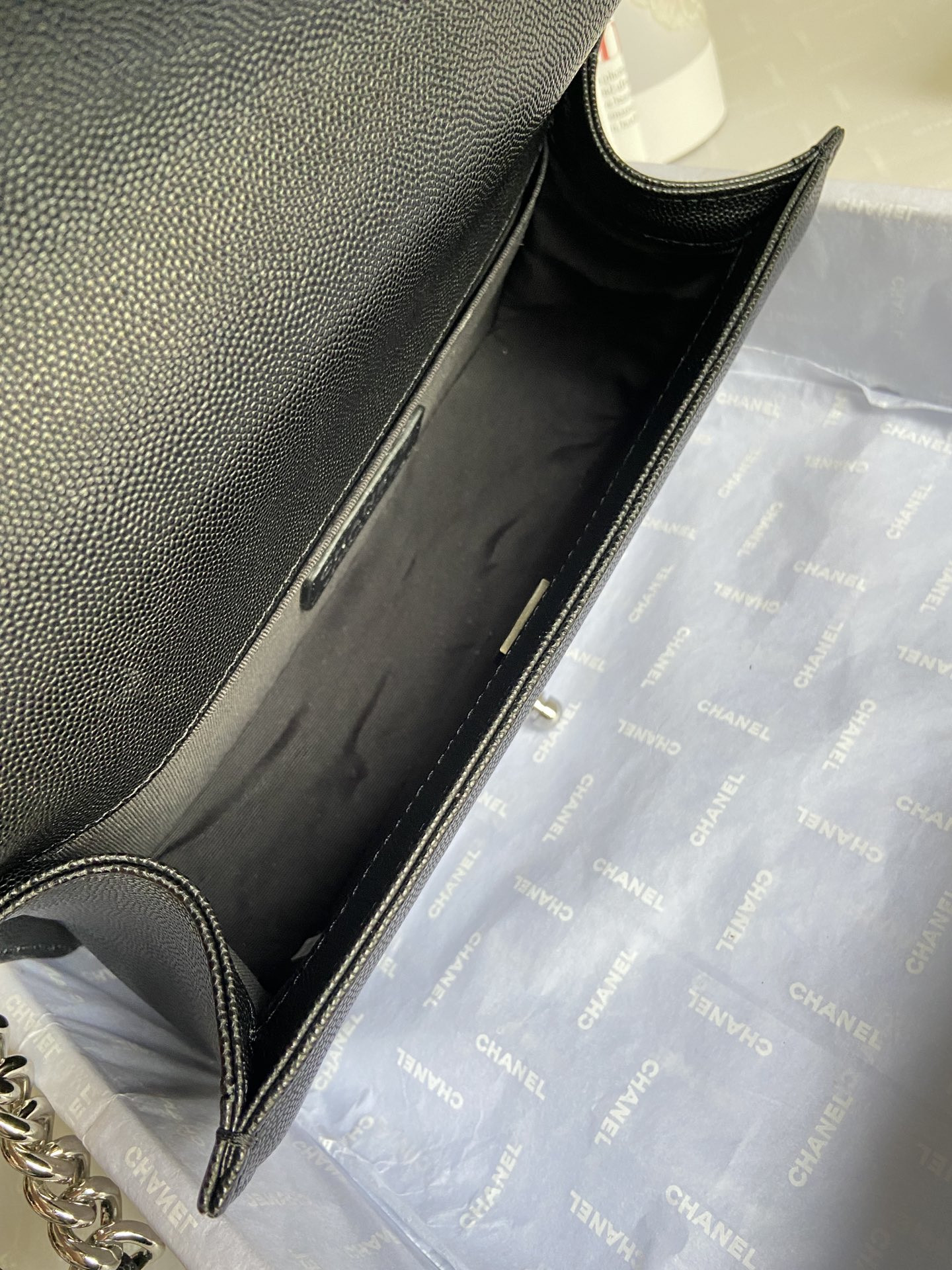 BOY CHANEL HANDBAG Shiny Grained Calfskin & Silver-Tone Metal Black 5.9 × 9.8 × 3.5 in