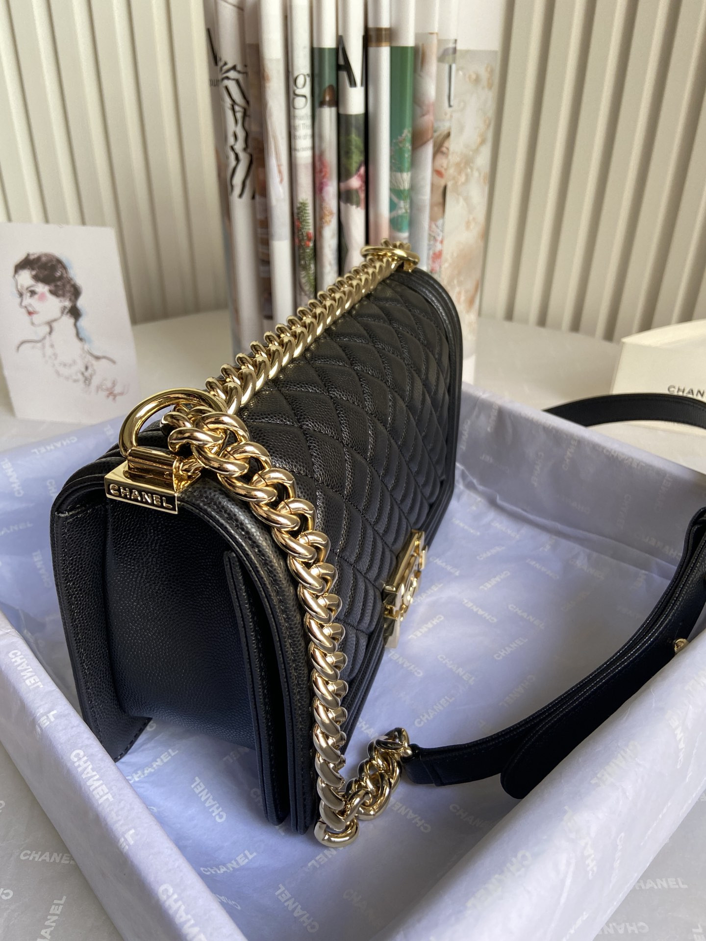 BOY CHANEL HANDBAG Shiny Grained Calfskin & Gold-Tone Metal Black 5.9 × 9.8 × 3.5 in