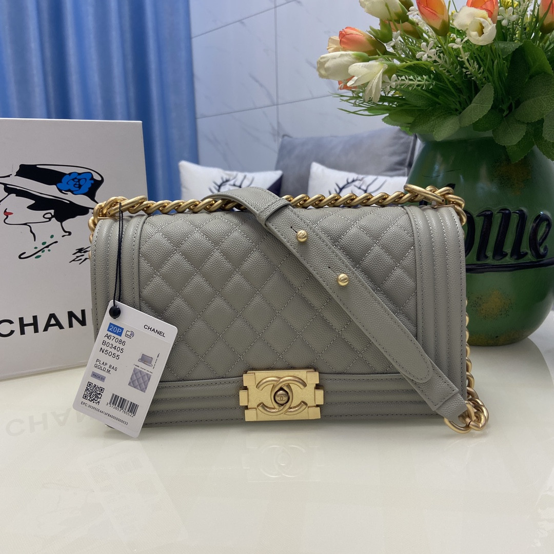 BOY CHANEL HANDBAG Shiny Grained Calfskin & Gold-Tone Metal Gray 5.9 × 9.8 × 3.5 in