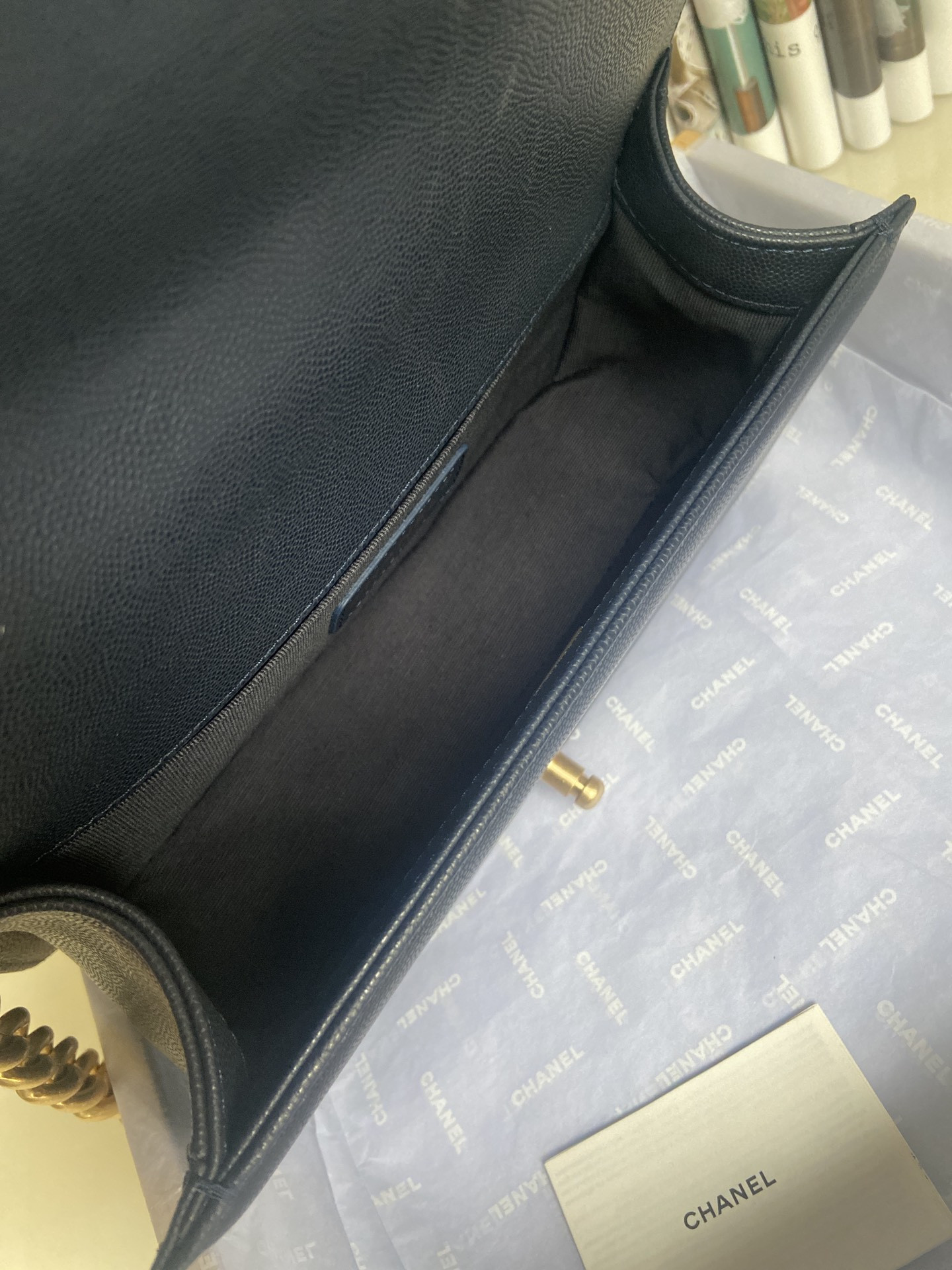 BOY CHANEL HANDBAG Shiny Grained Calfskin & Gold-Tone Metal Navy 5.9 × 9.8 × 3.5 in