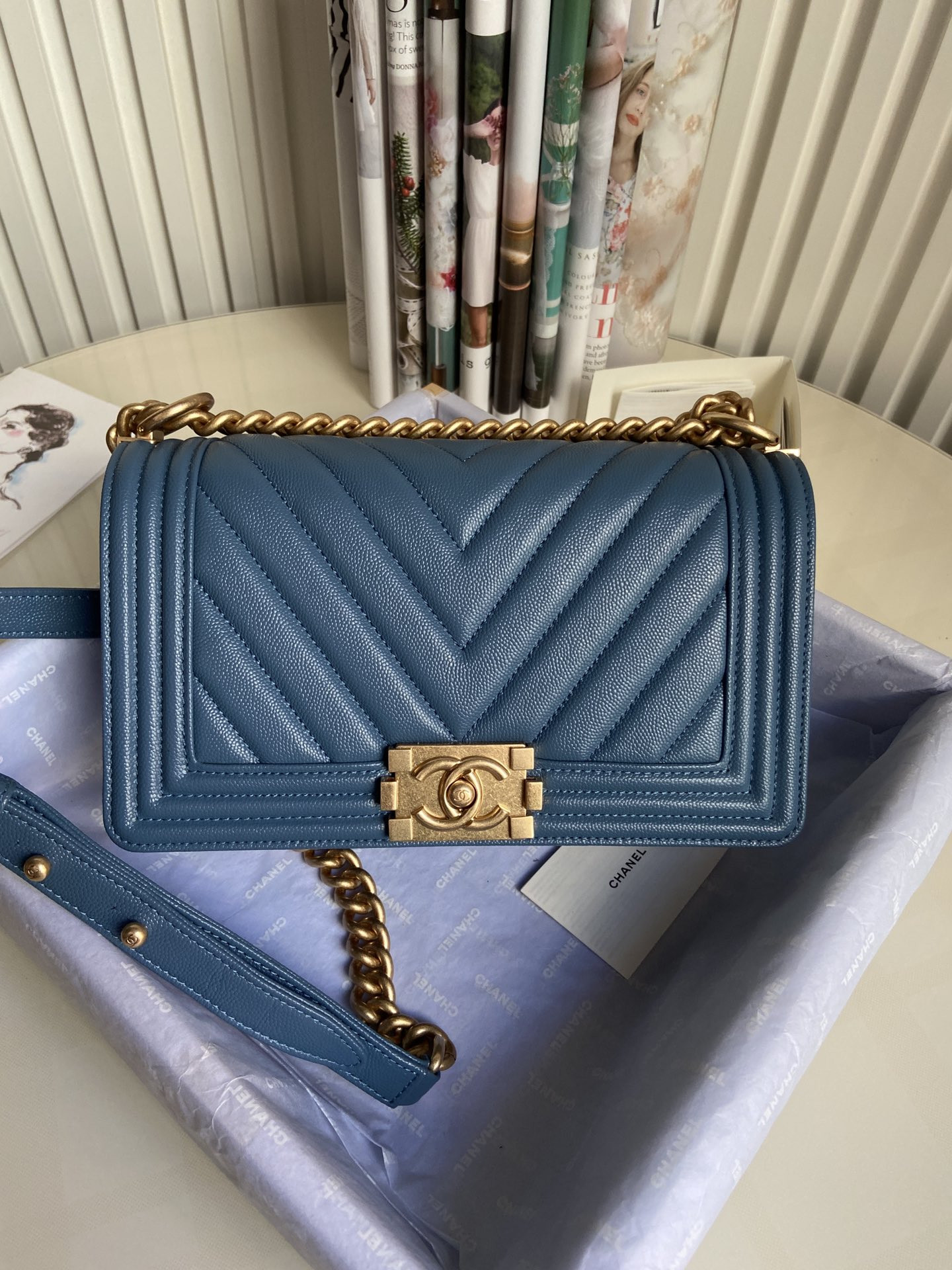 BOY CHANEL HANDBAG Shiny Grained Calfskin & Gold-Tone Metal Blue 5.9 × 9.8 × 3.5 in