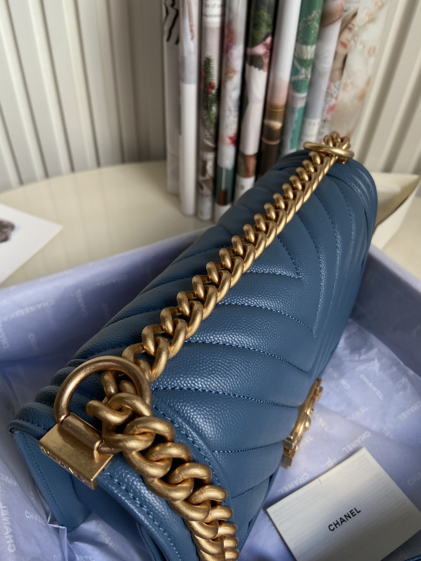 BOY CHANEL HANDBAG Shiny Grained Calfskin & Gold-Tone Metal Blue 5.9 × 9.8 × 3.5 in