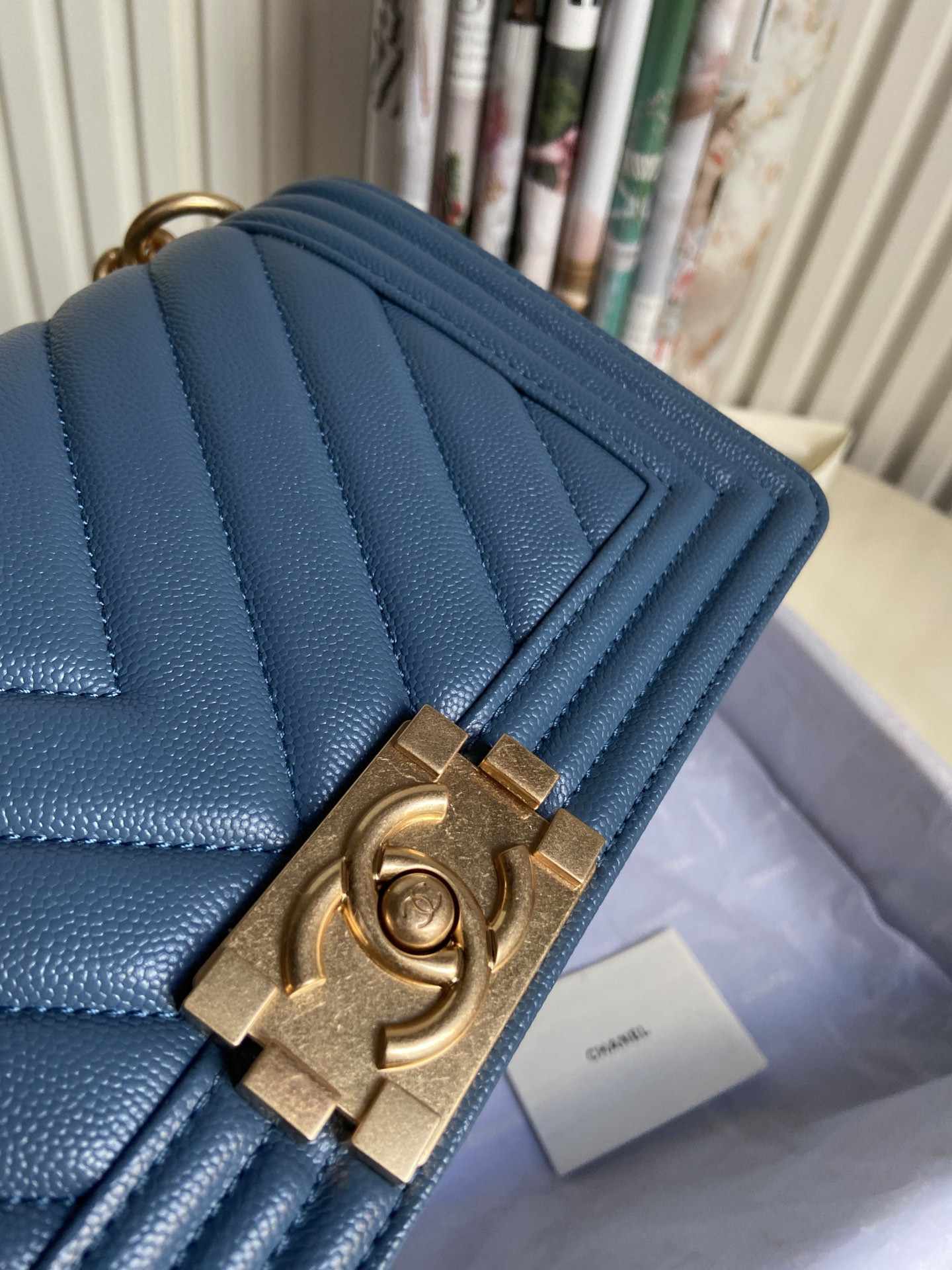 BOY CHANEL HANDBAG Shiny Grained Calfskin & Gold-Tone Metal Blue 5.9 × 9.8 × 3.5 in