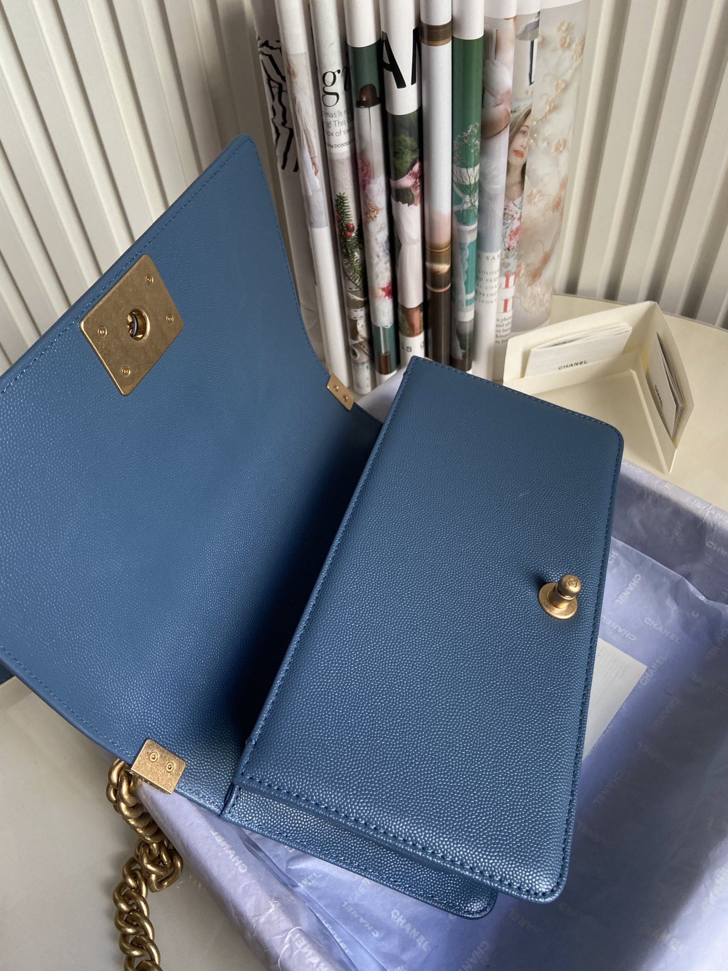 BOY CHANEL HANDBAG Shiny Grained Calfskin & Gold-Tone Metal Blue 5.9 × 9.8 × 3.5 in