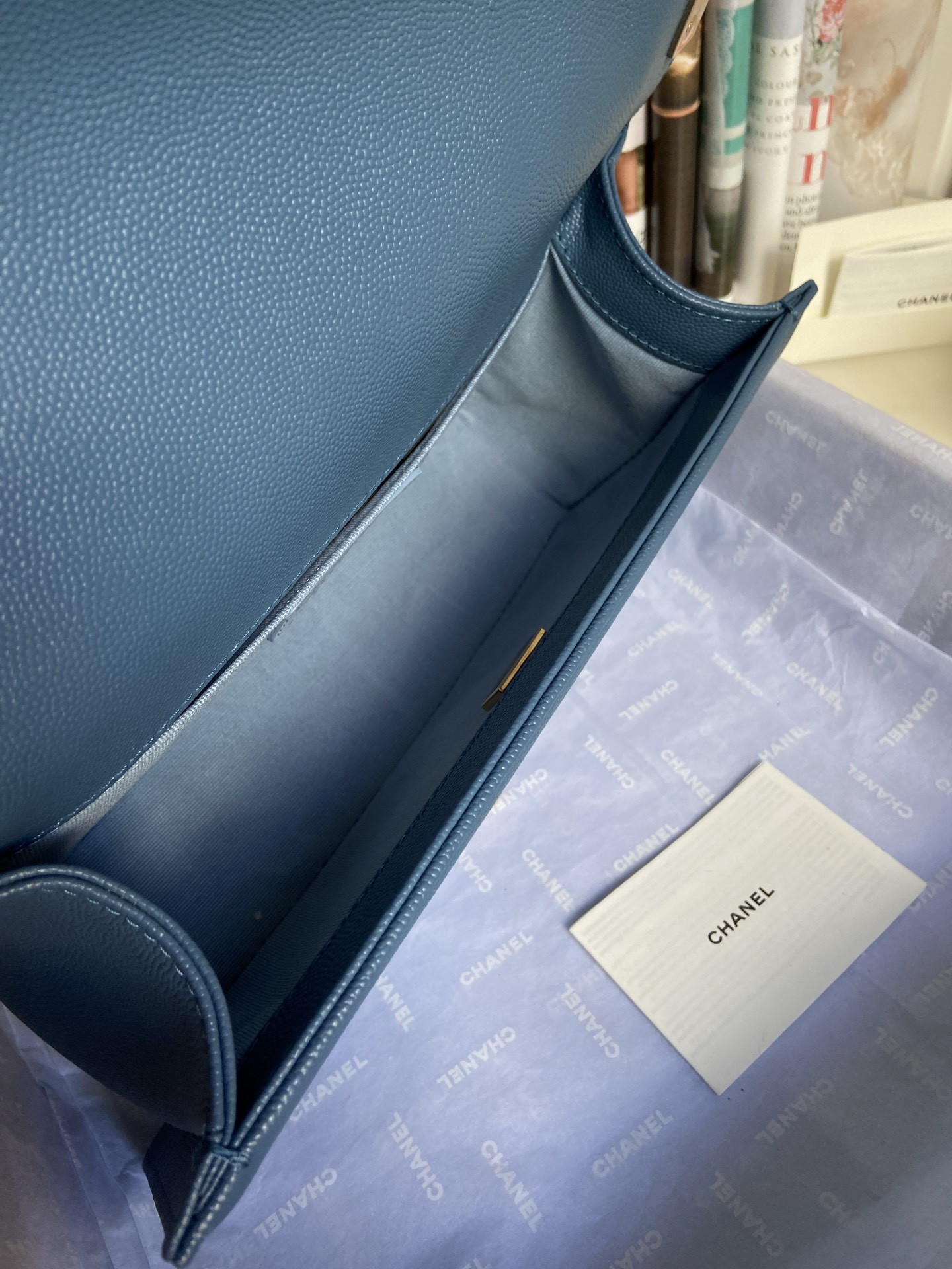 BOY CHANEL HANDBAG Shiny Grained Calfskin & Gold-Tone Metal Blue 5.9 × 9.8 × 3.5 in