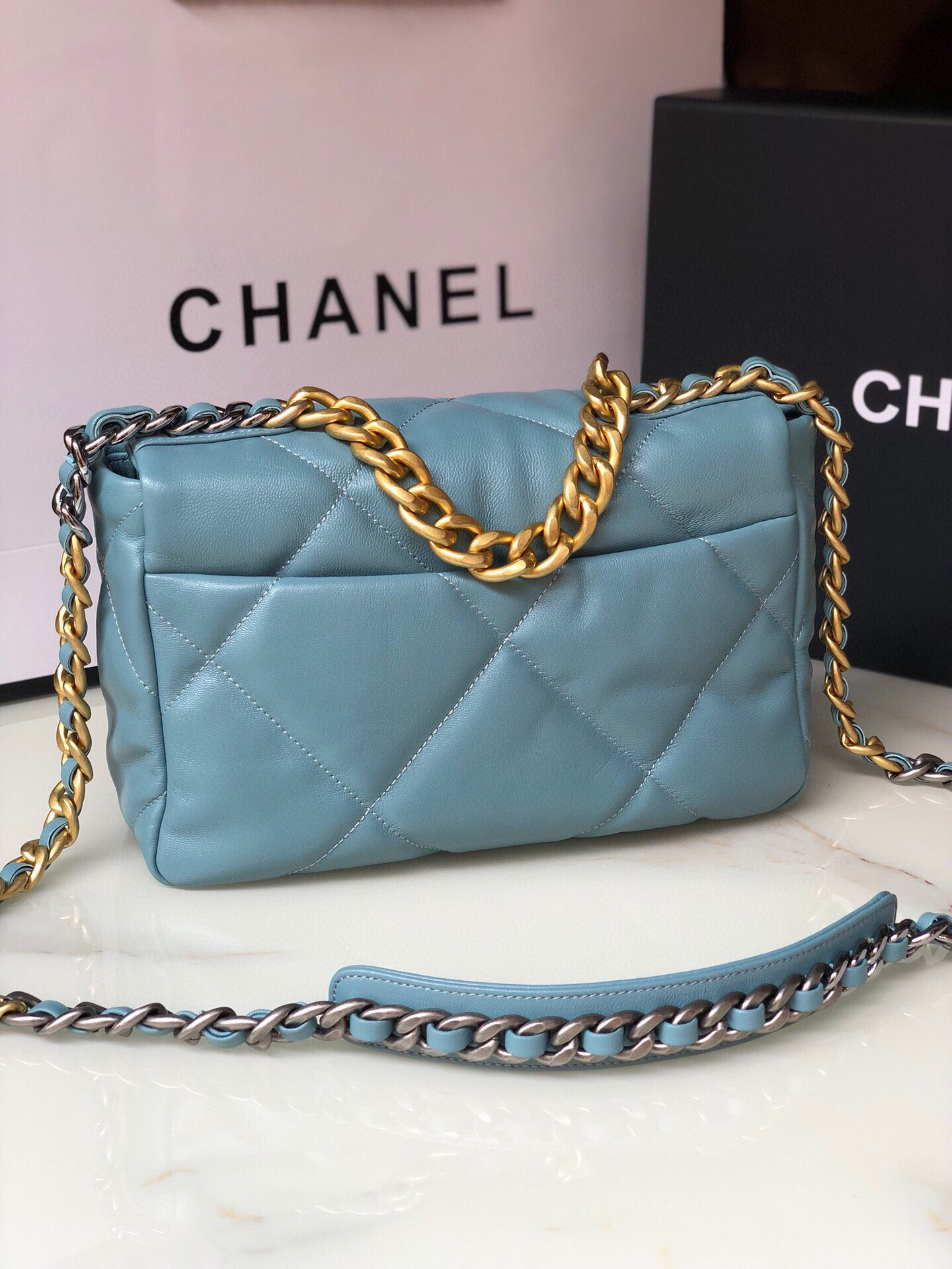 CHANEL 19 HANDBAG Shiny Leather, Gold-Tone, Silver-Tone & Ruthenium-Finish Metal Blue 6.2 × 10.1 × 3.5 in