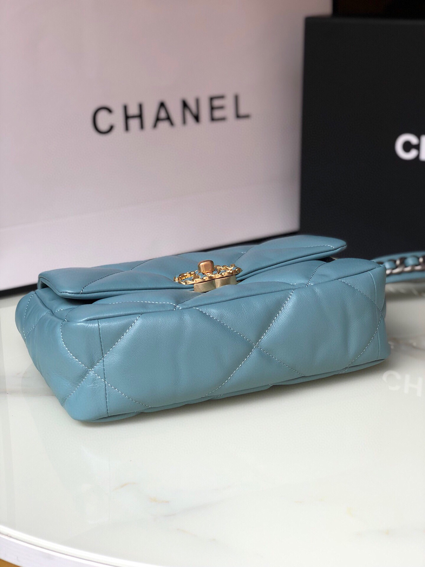 CHANEL 19 HANDBAG Shiny Leather, Gold-Tone, Silver-Tone & Ruthenium-Finish Metal Blue 6.2 × 10.1 × 3.5 in