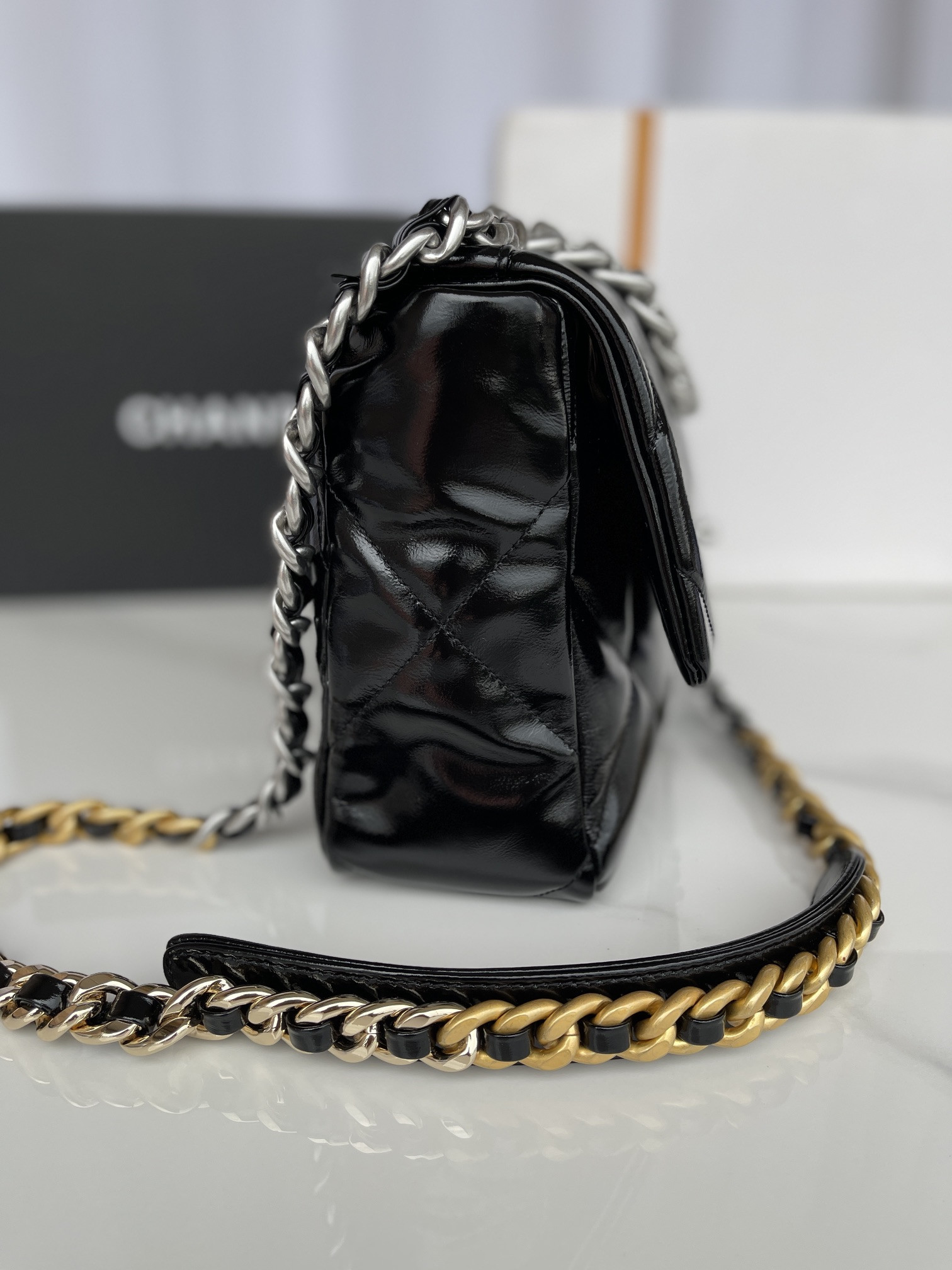 CHANEL 19 LARGE HANDBAG Shiny Leather, Gold-Tone, Silver-Tone & Ruthenium-Finish Metal Black 7.8 × 11.7 × 3.9 in