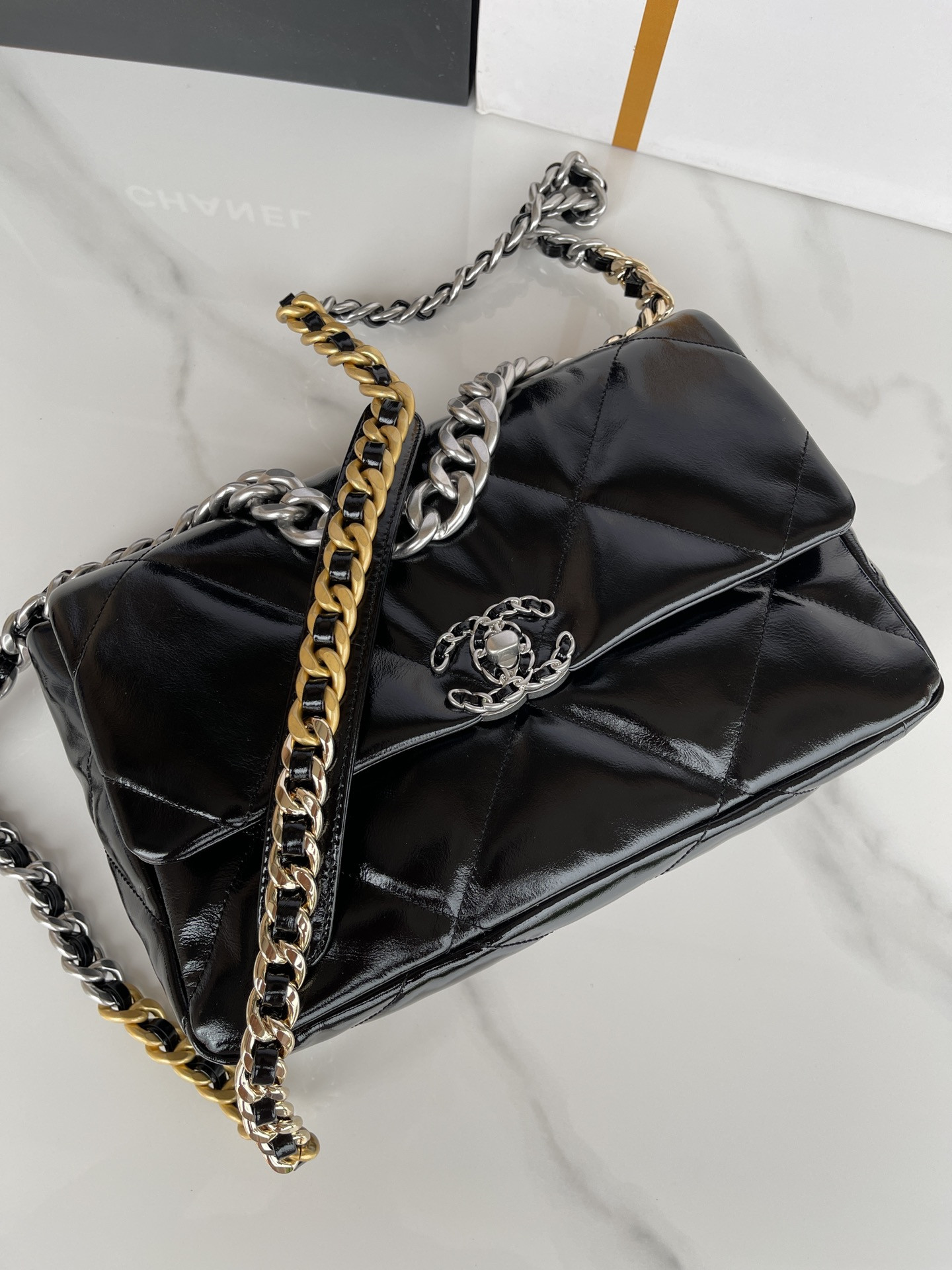 CHANEL 19 LARGE HANDBAG Shiny Leather, Gold-Tone, Silver-Tone & Ruthenium-Finish Metal Black 7.8 × 11.7 × 3.9 in
