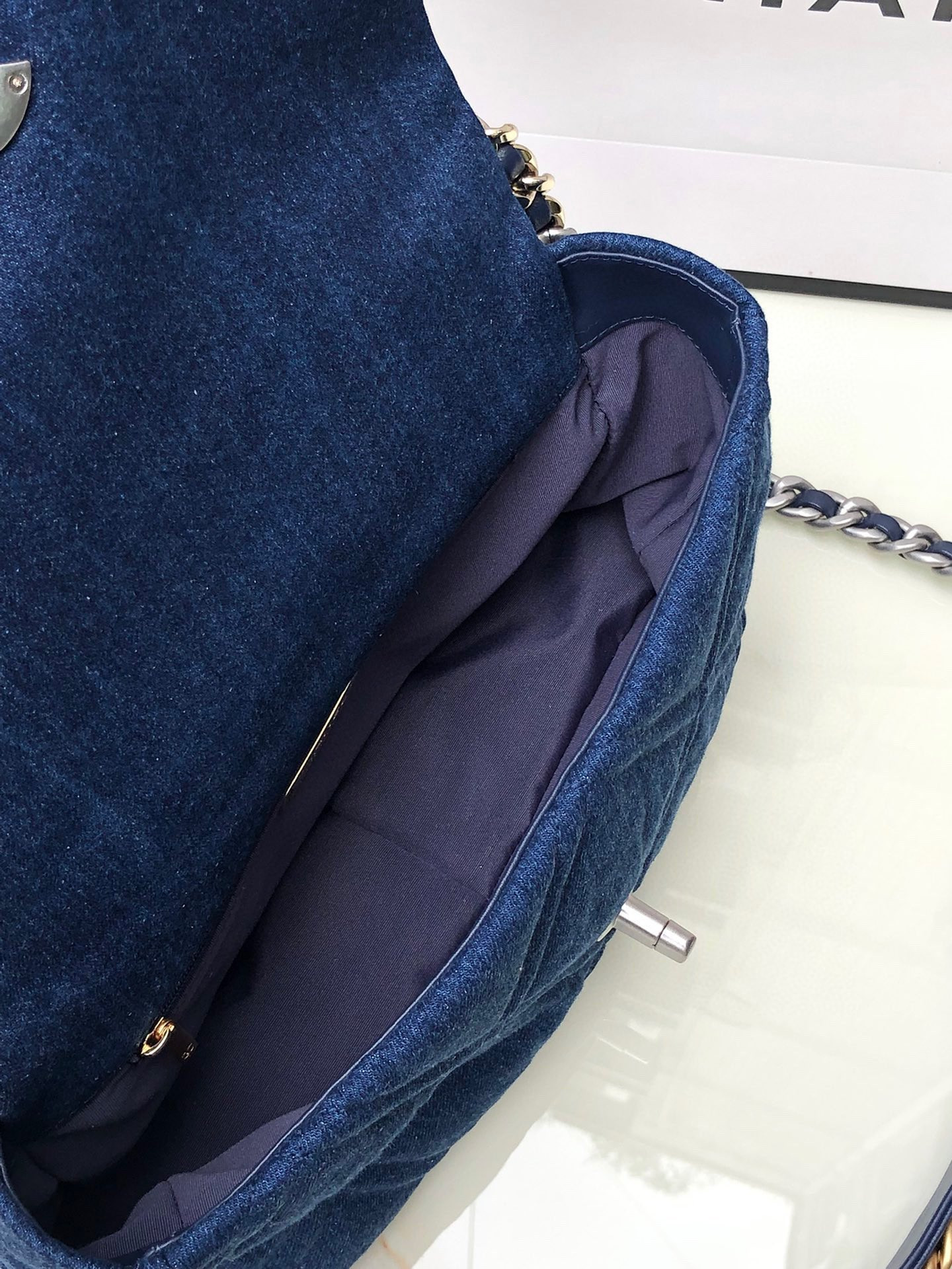 CHANEL 19 LARGE HANDBAG, Gold-Tone, Silver-Tone & Ruthenium-Finish Metal Blue 7.8 × 11.7 × 3.9 in