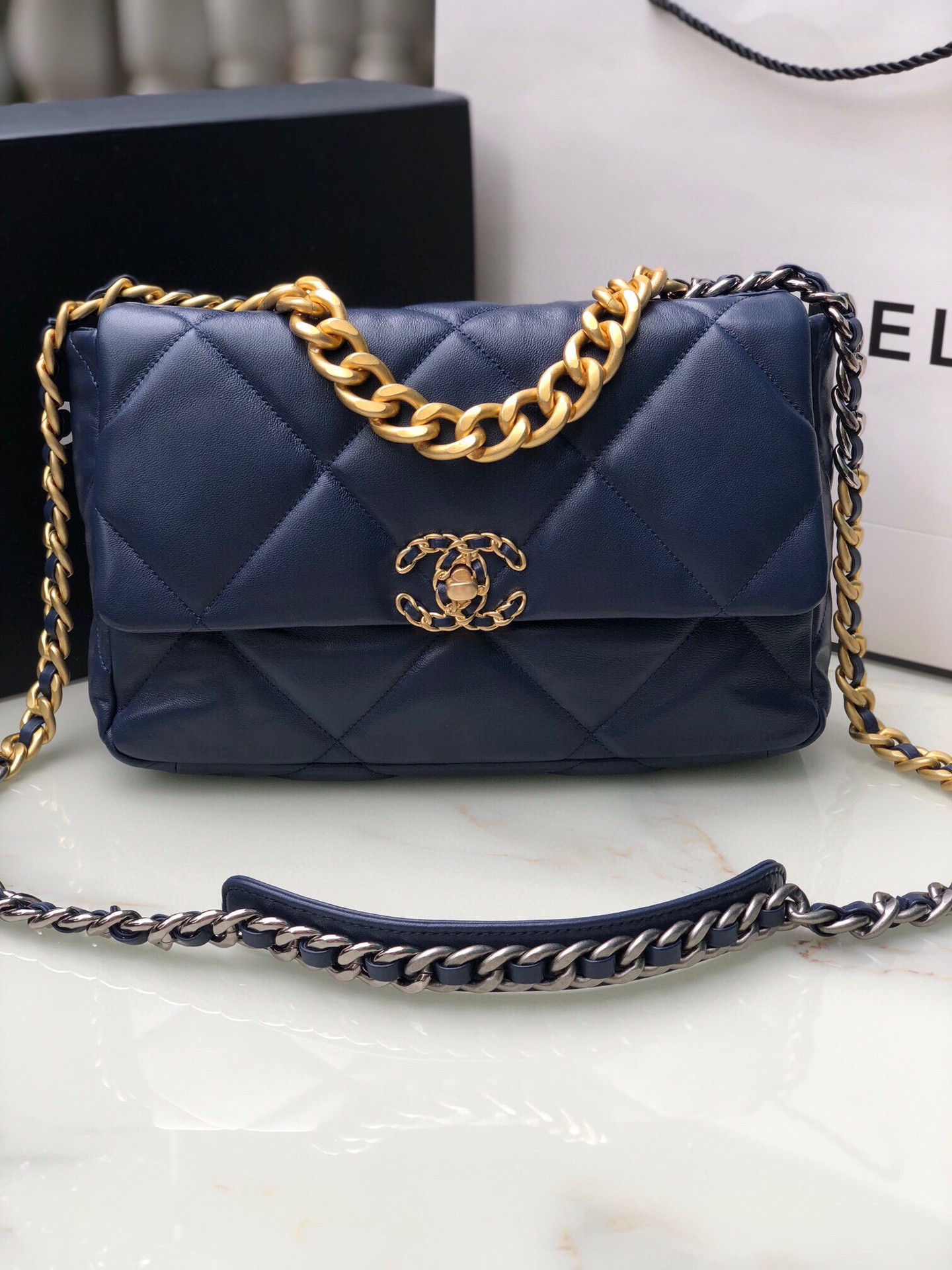 CHANEL 19 LARGE HANDBAG Shiny Leather, Gold-Tone, Silver-Tone & Ruthenium-Finish Metal Navy 7.8 × 11.7 × 3.9 in