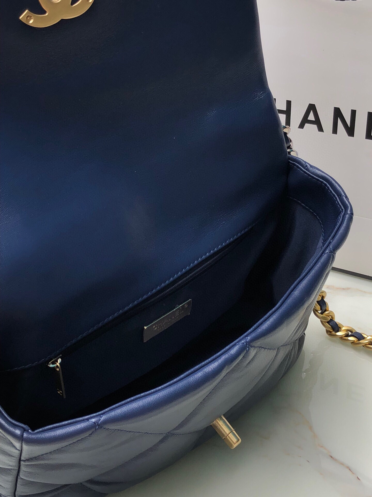 CHANEL 19 LARGE HANDBAG Shiny Leather, Gold-Tone, Silver-Tone & Ruthenium-Finish Metal Navy 7.8 × 11.7 × 3.9 in