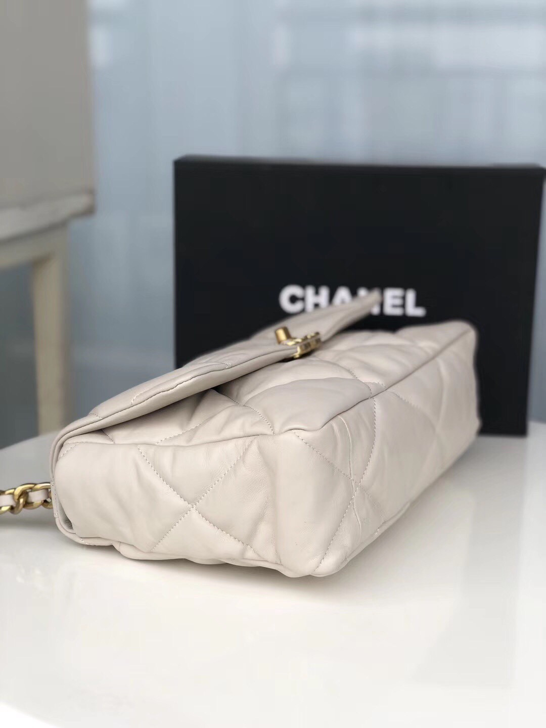 CHANEL 19 LARGE HANDBAG Shiny Leather, Gold-Tone, Silver-Tone & Ruthenium-Finish Metal Beige 7.8 × 11.7 × 3.9 in