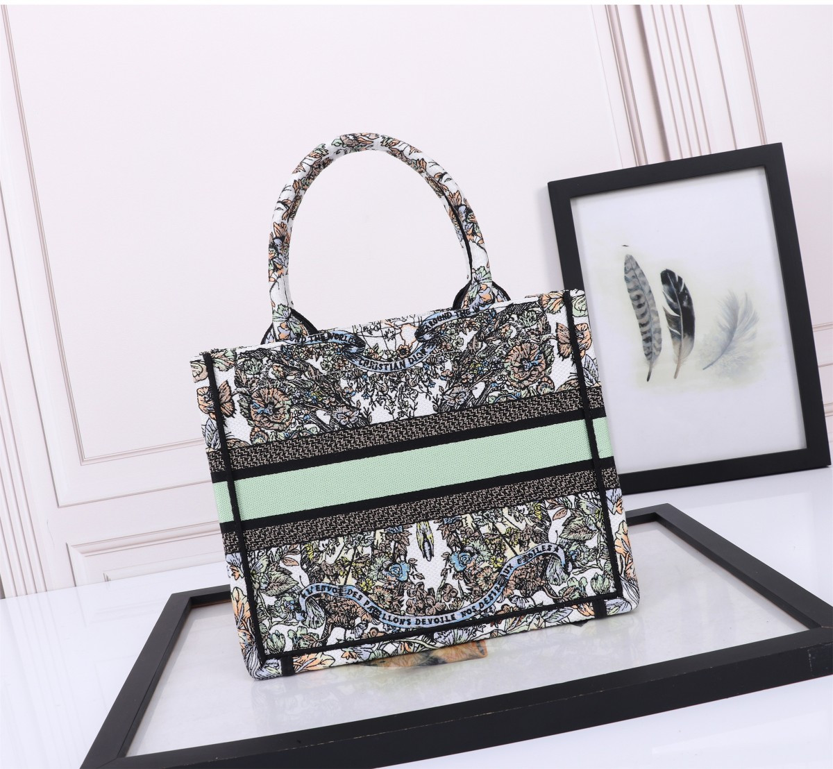 Small DIOR BOOK TOTE WHITE MULTICOLOR TOILE DE JOUY MEXICO EMBROIDERY  10.5 x 8.5 x 5.5 inches