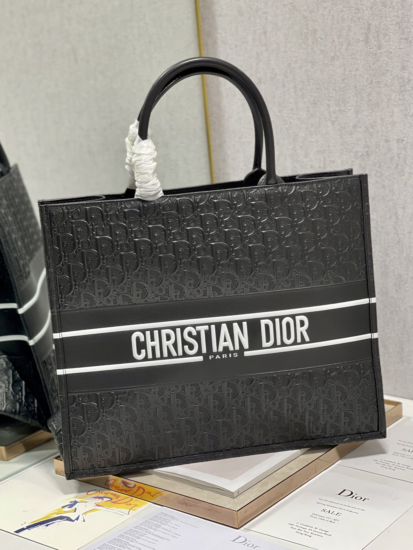 Large Dior Book Tote Black White Dior Oblique Embossed Calfskin 16.5 x 14 x 7.5 inches