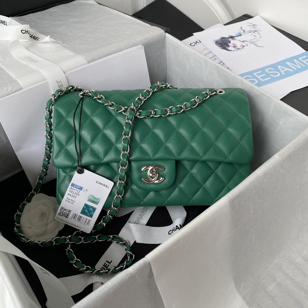 CHANEL CLASSIC HANDBAG GRAINED SHINY CALFSKIN & SILVER-TONE METAL GREEN 6 × 9.9 × 2.5 in