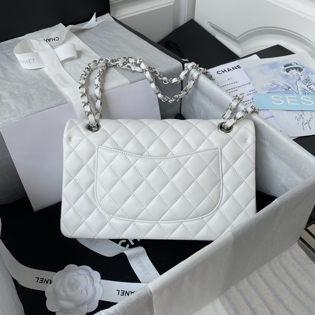 CHANEL CLASSIC HANDBAG GRAINED SHINY CALFSKIN & SILVER-TONE METAL WHITE 6 × 9.9 × 2.5 in