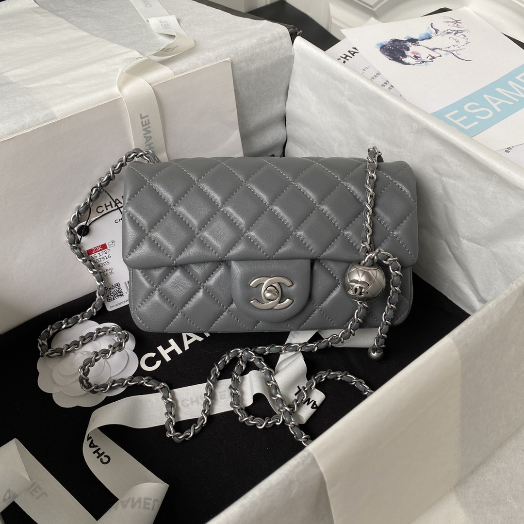 CHANEL MINI FLAP BAG SHINY CALFSKIN & SILVER-TONE METAL GRAY 4.7 × 7.8 × 2.3 in