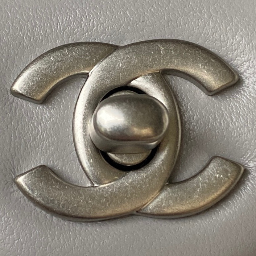 CHANEL MINI FLAP BAG SHINY CALFSKIN & SILVER-TONE METAL LIGHT GRAY 4.7 × 7.8 × 2.3 in