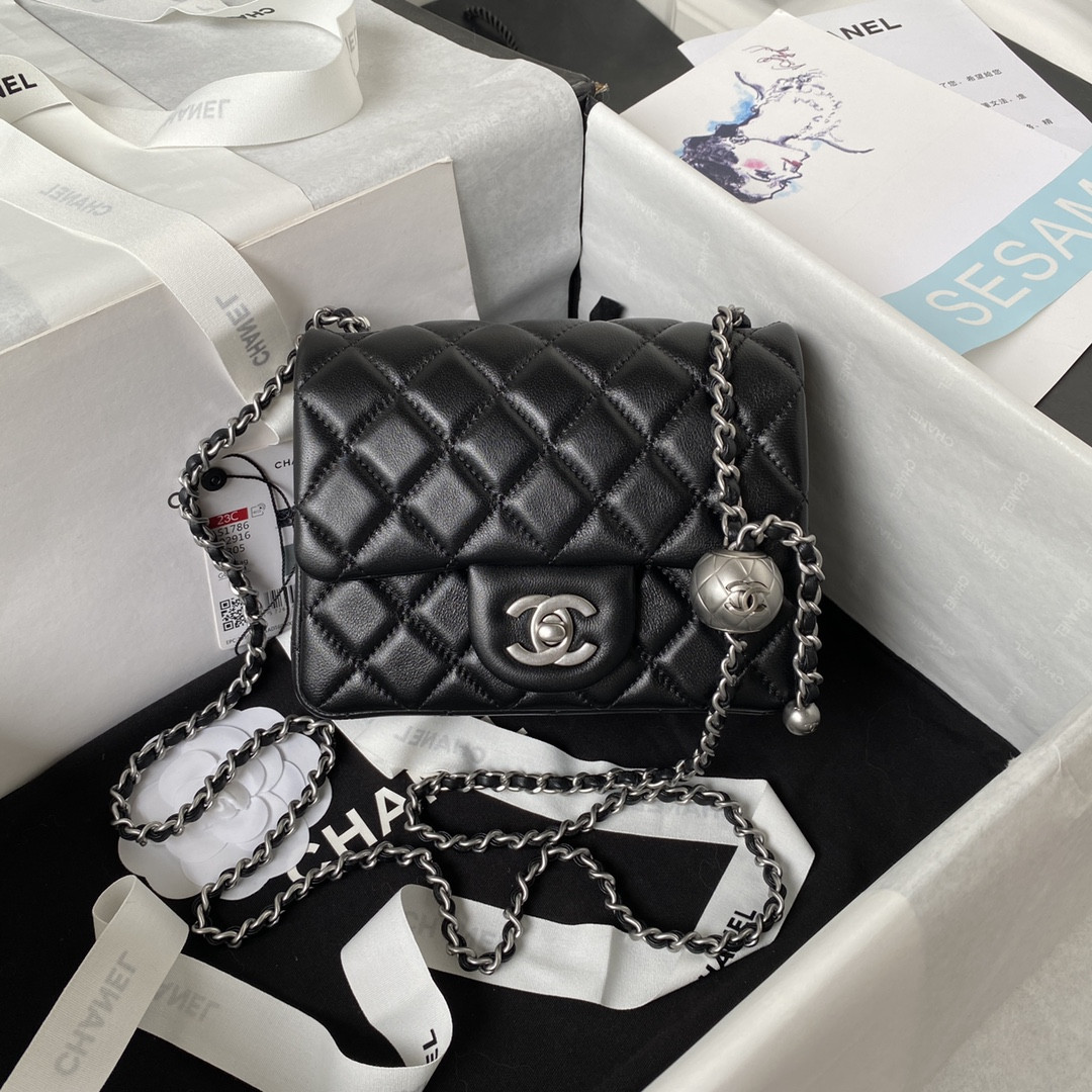 CHANEL MINI FLAP BAG SHINY CALFSKIN & SILVER-Tone METAL BLACK 5.3 × 6.6 × 3.1 in