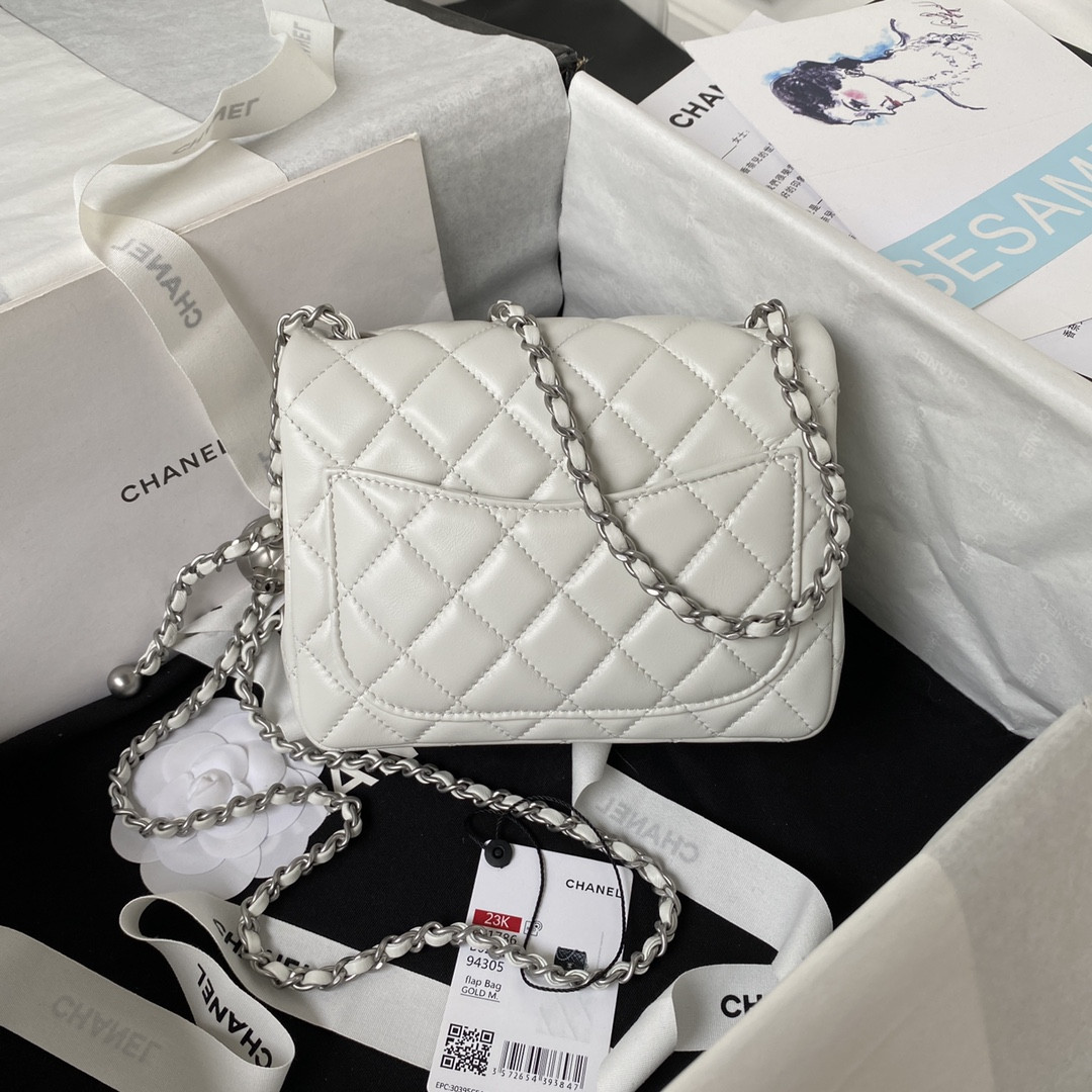CHANEL MINI FLAP BAG SHINY CALFSKIN & SILVER-Tone METAL WHITE 5.3 × 6.6 × 3.1 in