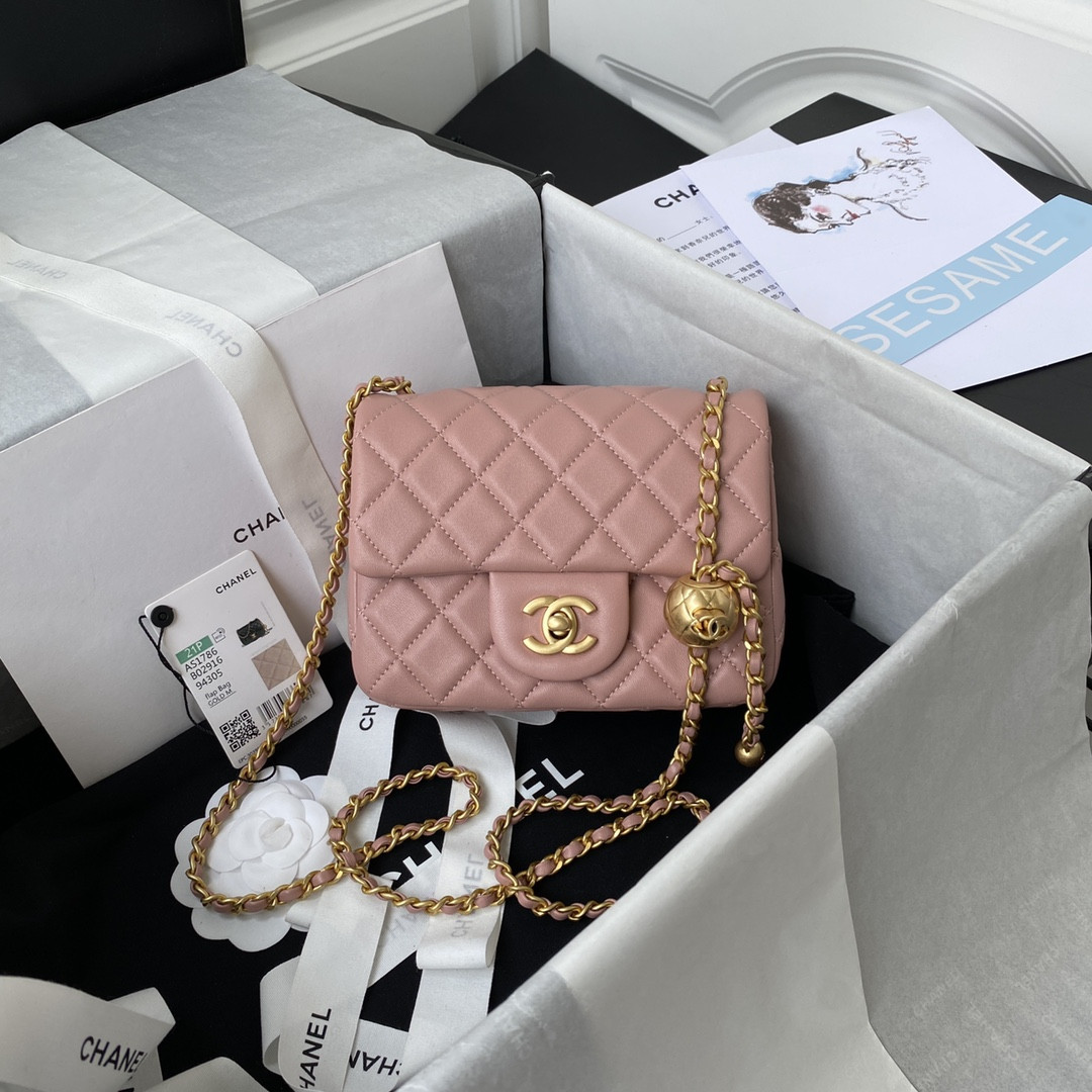 CHANEL MINI FLAP BAG SHINY CALFSKIN & Gold-Tone METAL PINK 5.3 × 6.6 × 3.1 in