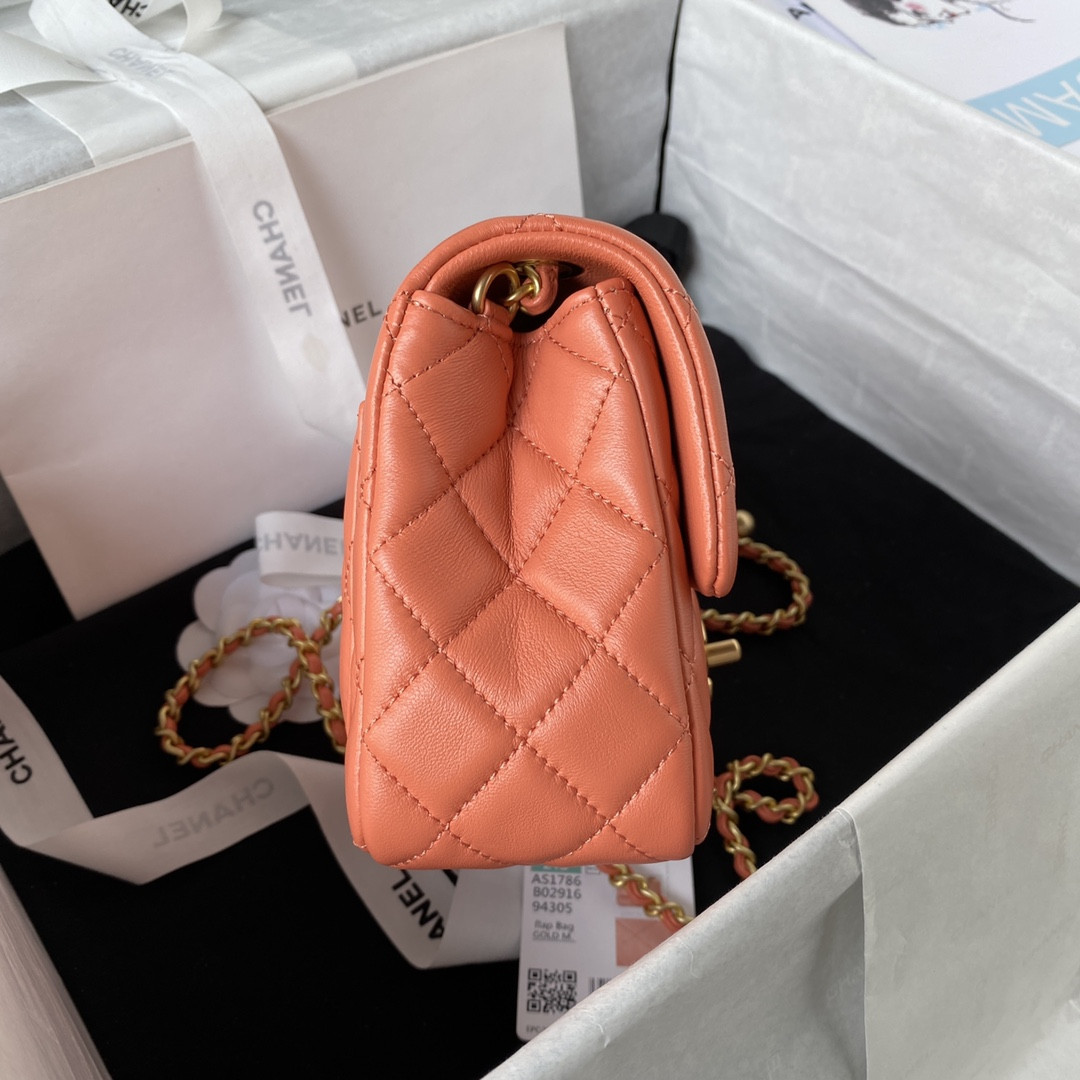 CHANEL MINI FLAP BAG SHINY CALFSKIN & Gold-Tone METAL ORANGE 5.3 × 6.6 × 3.1 in