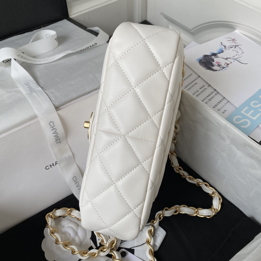 CHANEL SMALL CLASSIC HANDBAG GRAINED SHINY CALFSKIN & Gold-TONE METAL white 5.7 × 9 × 2.3 IN