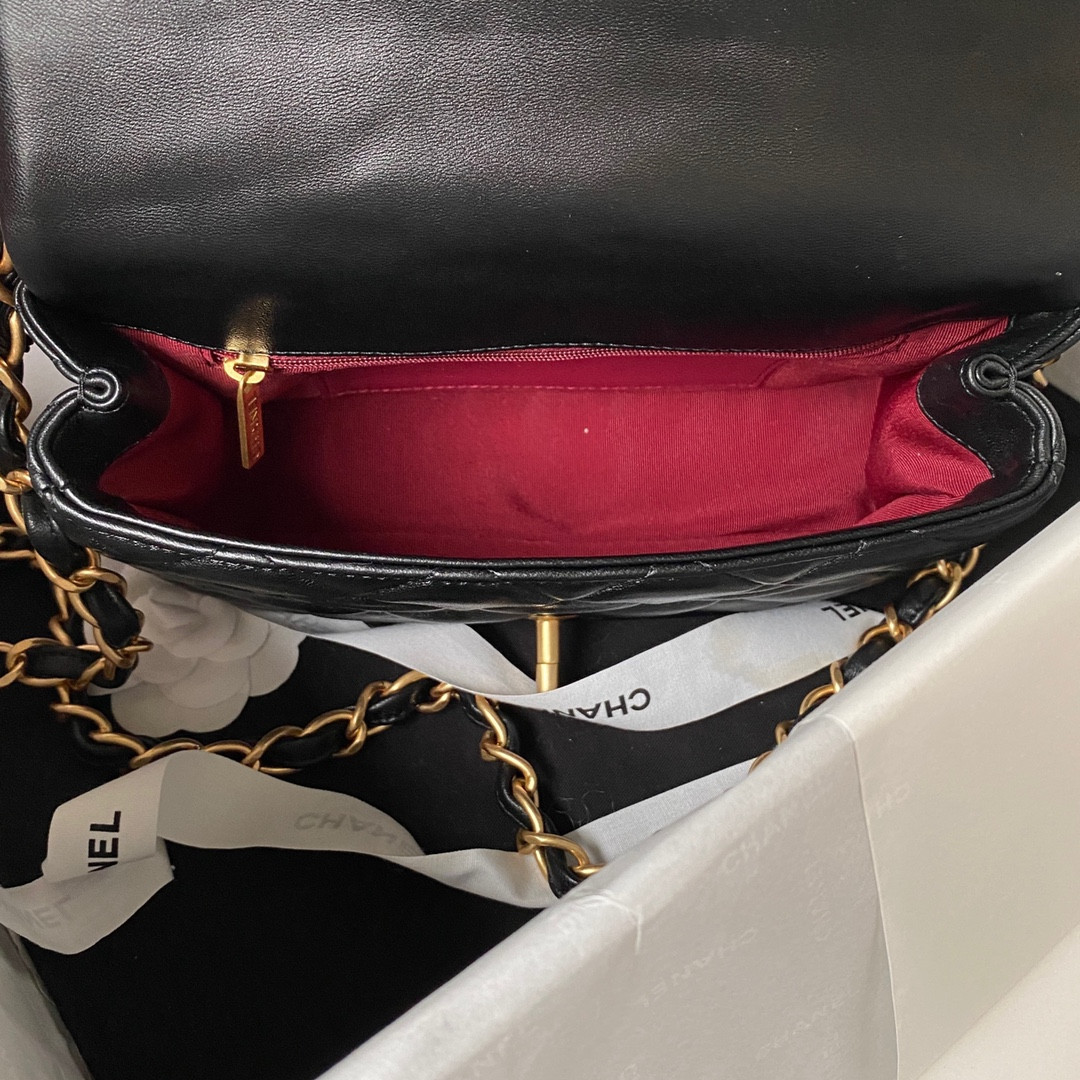 Ch*el small classic handbag grained shiny calfskin & gold-tone metal black 5.7 × 9 × 2.3 in