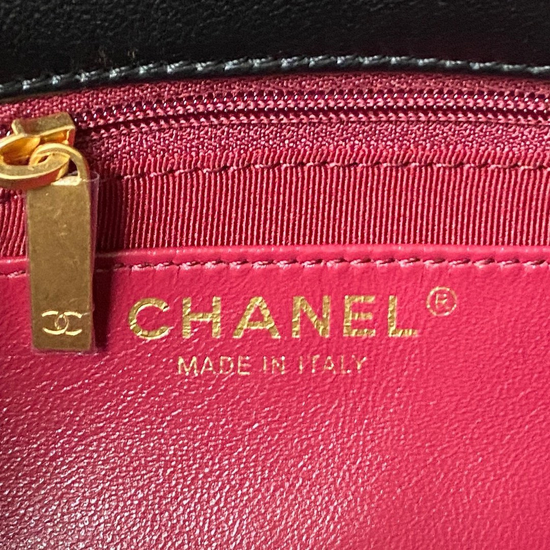 Ch*el small classic handbag grained shiny calfskin & gold-tone metal black 5.7 × 9 × 2.3 in