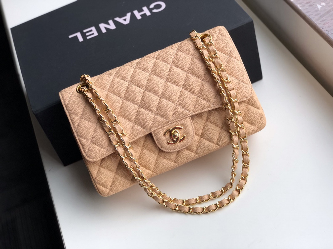 CHANEL CLASSIC HANDBAG GRAINED CALFSKIN & Gold-TONE METAL COFFEE 6 × 9.9 × 2.5 in